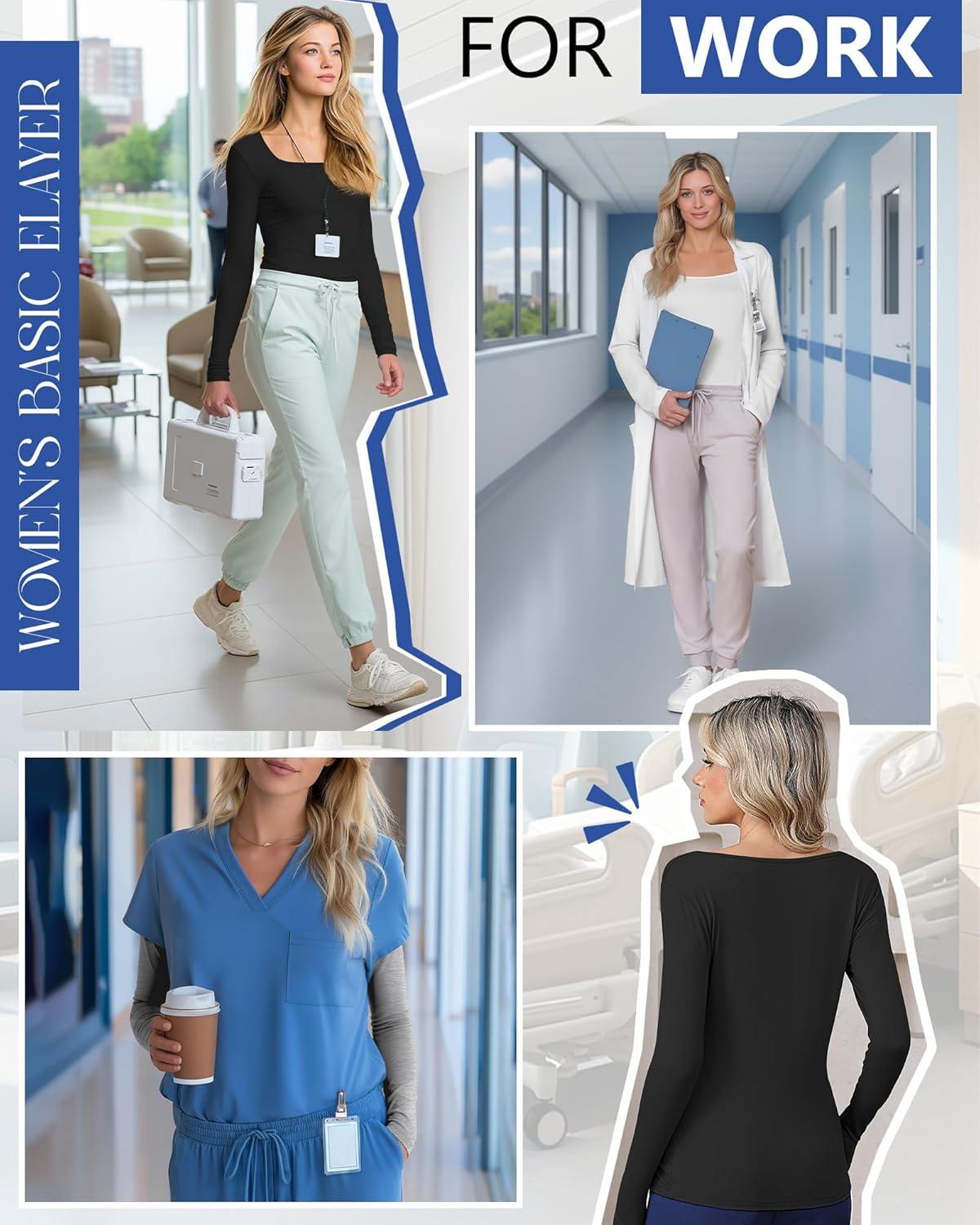 Neer 3 Pack Womens Underscrub Shirts Long Sleeve Square Neck Tops Scrub Tee Comfort Basic Layering Clothes for Nurse