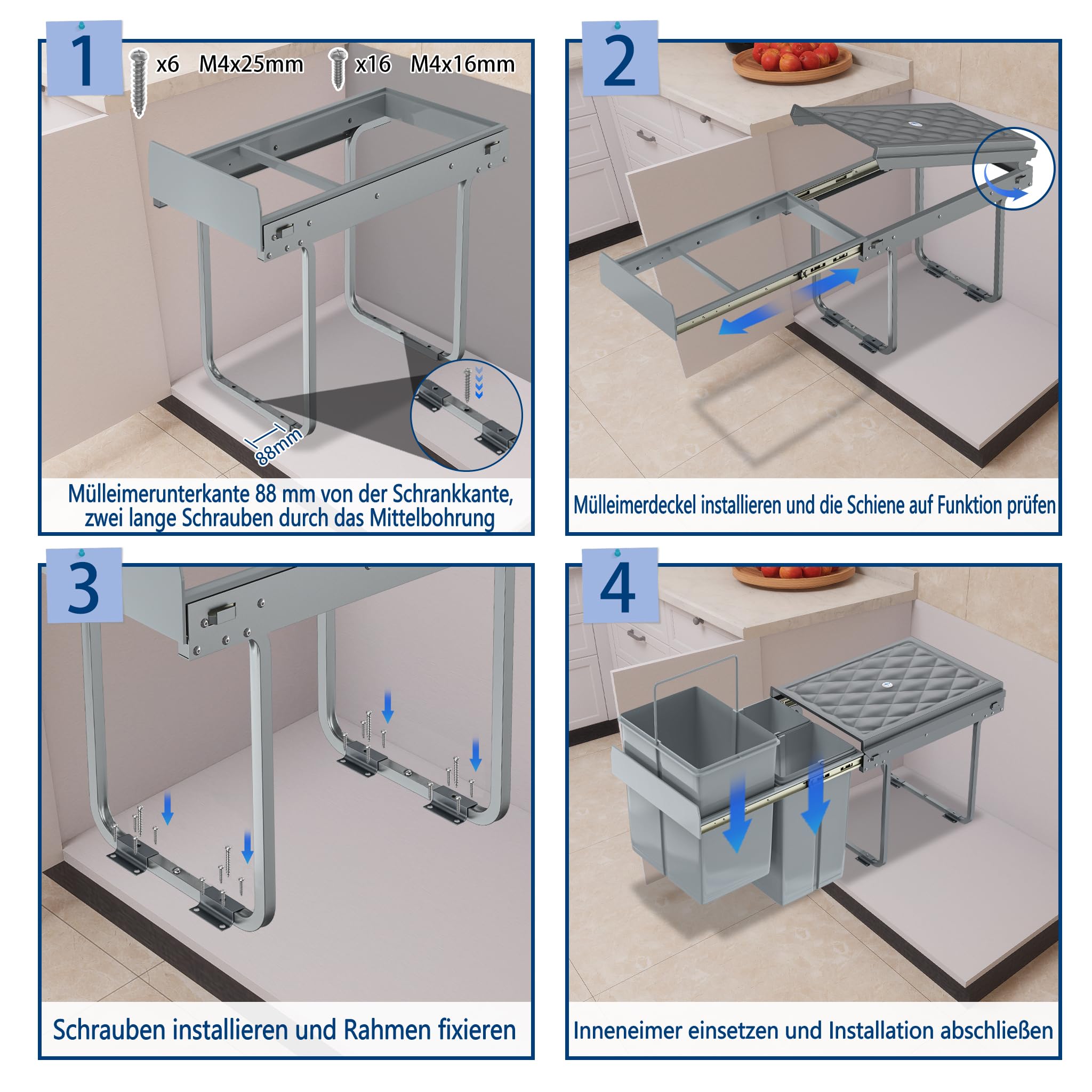 YRHome Einbau Mülltrennungs-System Abfallsortierer 3 Herausnehmbare Abfallsammler Tandemusziehbarer mit Teleskopschienen für Küche Grau 48x34x42cm 2x10L+1x20L