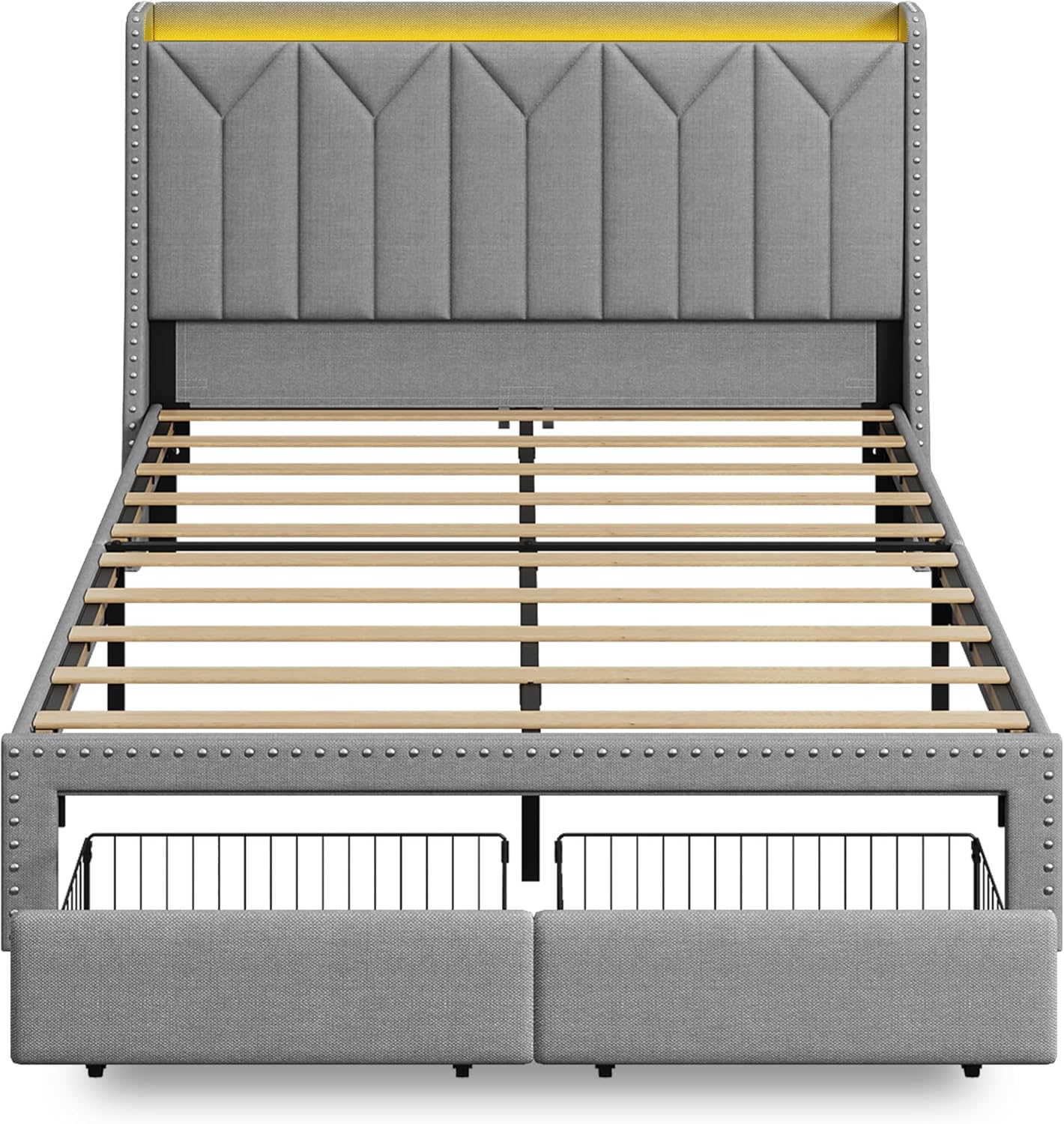 WLIVE Full Size Upholstered Bed Frame with 2 Drawers, Storage Headboard Platform Bed with Charging Station and LED Light, Sturdy Metal & Wooden Slats Support, No Box Spring Needed, Light Grey