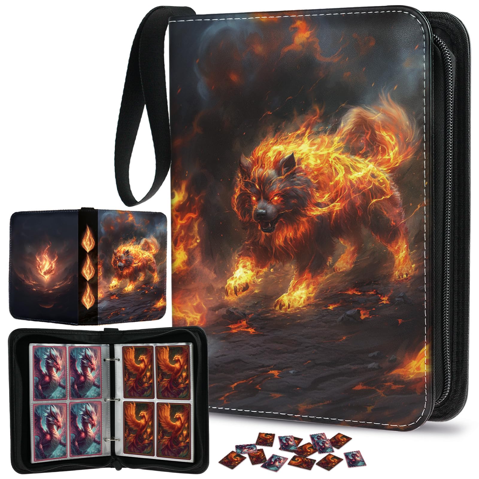 4 Pocket Card Binder, Trading Card Binder Fits 400 Cards with 50 Removable Sleeves, Portable Zipper Card Holder Collection Album for Game Sports Cards, Collectors Boys Girls Gift (Flame Dog)