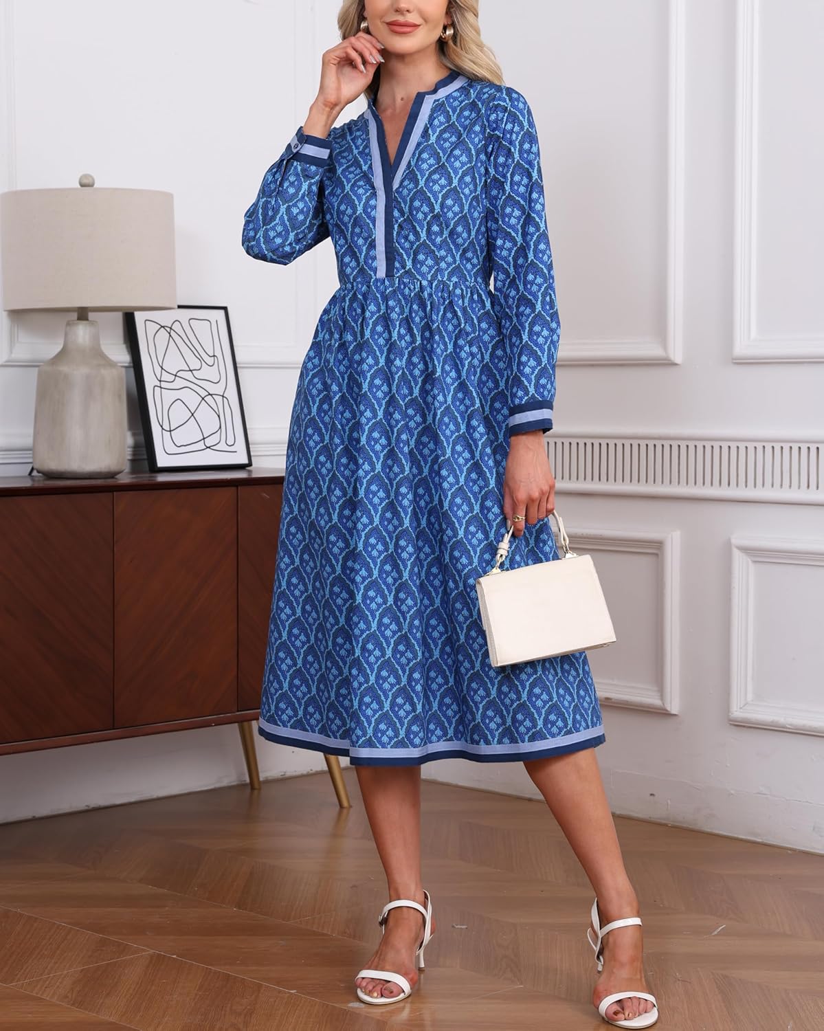 Women's Fall Floral Midi Dress Casual Long Sleeve V Neck A Line Elastic Waist Flowy Boho Dresses - Image 6