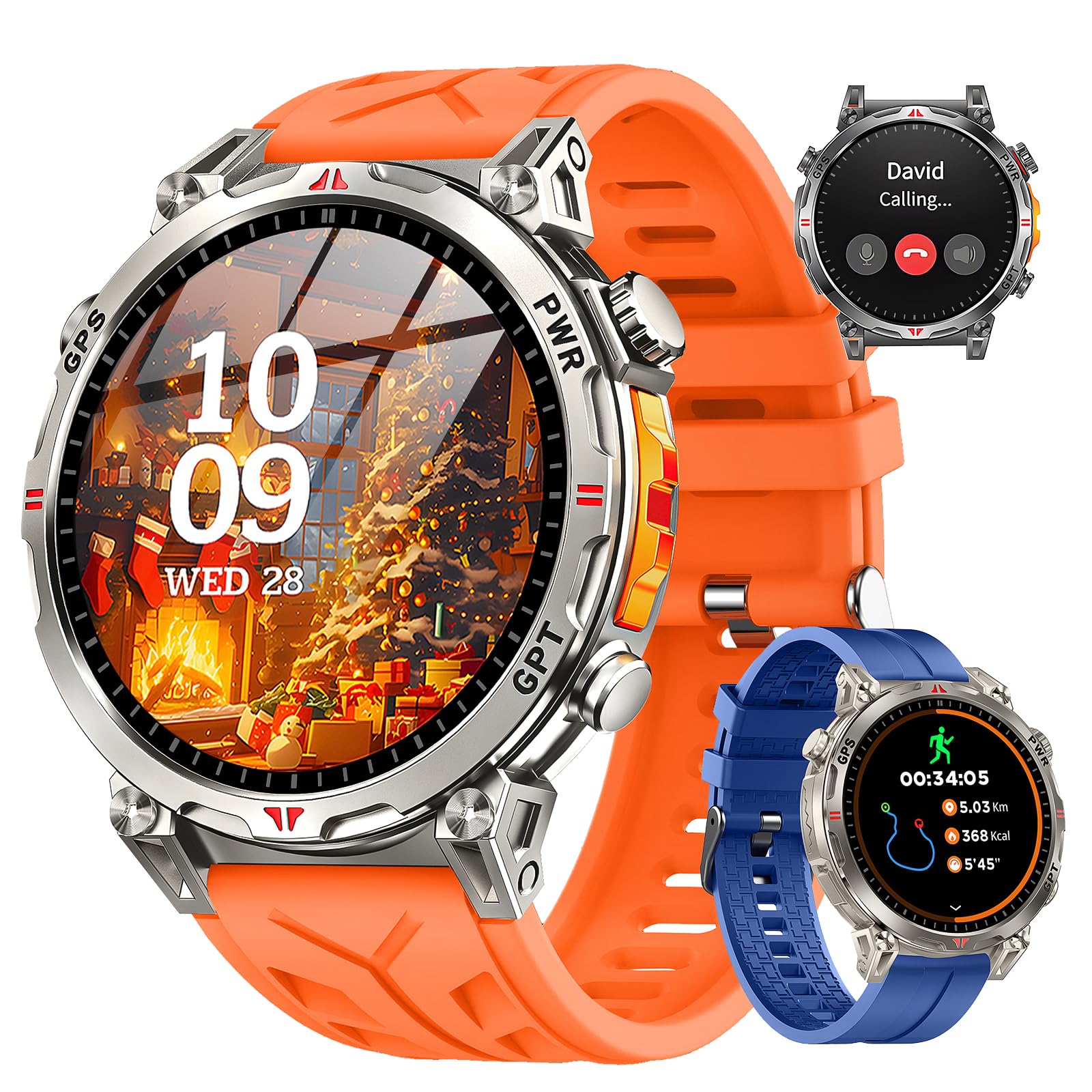 Military Smart Watches for Men GPS, 1.56" AMOLED Screen Bluetooth Call, Smartwatch for Android Phones and iPhone, 100+ Sport Modes, 3ATM Waterproof Smart Watch with Compass(Orange &amp; Blue)