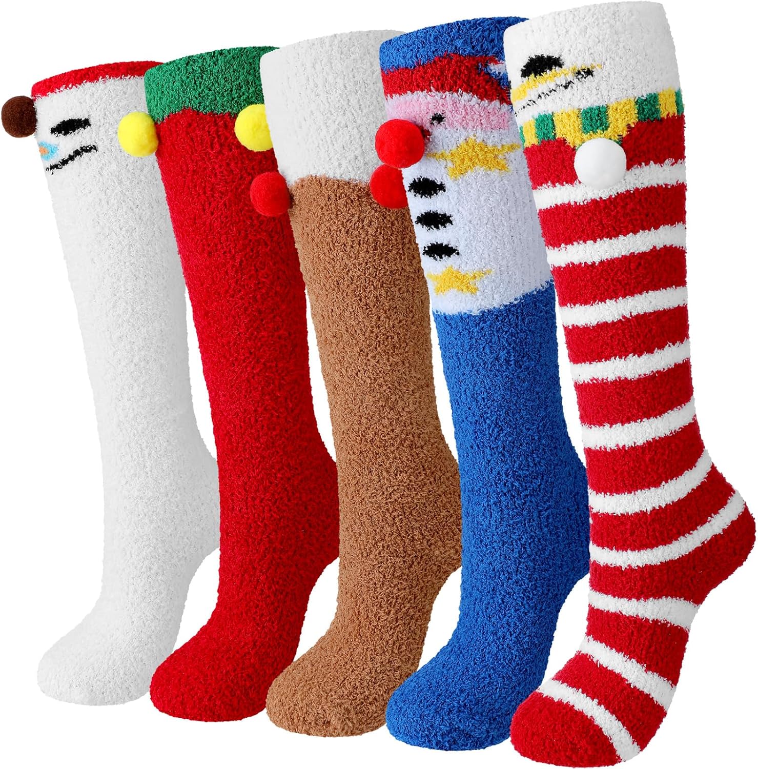 Suhine 5 Pairs Christmas Knee High Fuzzy Socks Xmas Fuzzy Socks Bulk Women Sleeping Socks