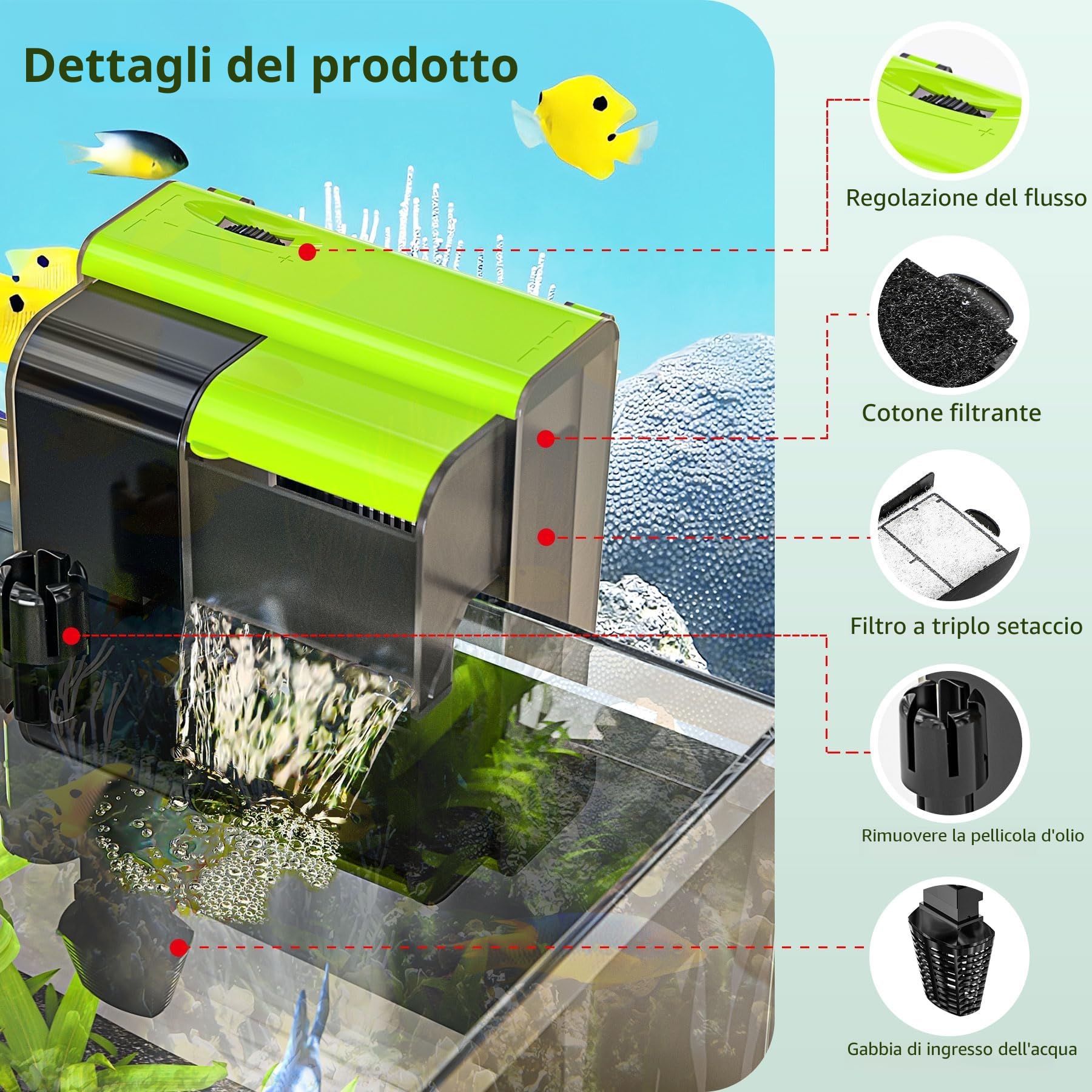 Forever Speed Filtro esterno per acquari con UVC 4-in-1 Flusso regolabile da appendere al filtro 450L/h Filtro a cascata per acquari da 10-100L