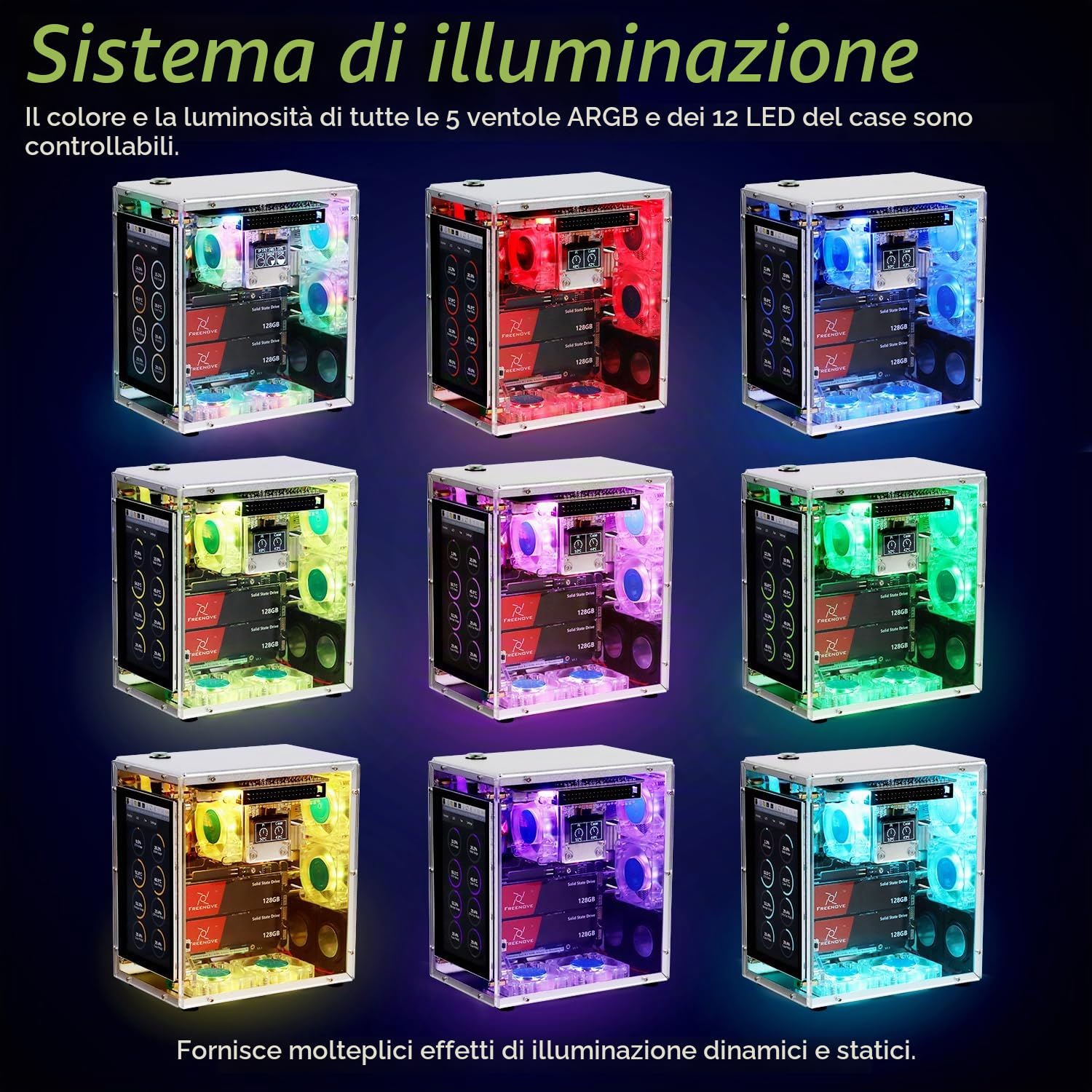 Freenove Raspberry Pi 5 Case Kit Pro (with 1x 128GB SSD), Dual M.2 NVMe SSD Slots, 5 PWM ARGB Fans Light Sync, CPU Tower Cooler, 4.3" Touchscreen, Stereo Speakers, 3.5 mm Audio