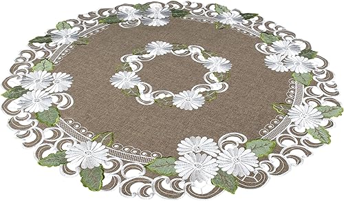 Miniatura 2 de Linens, Art and Things Margarita blanca con hojas verdes sobre marrón, mantel pequeño, centro de mesa, tapete grande (redondo de 33 pulgadas)