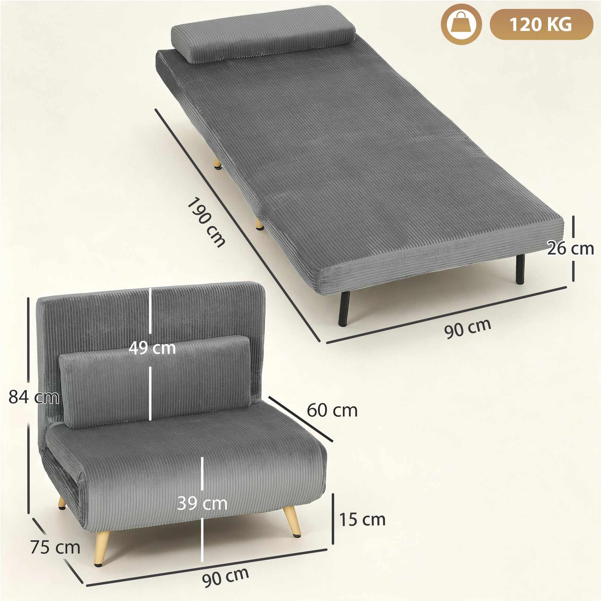 HOMCOM Fotel rozkładany 3 w 1, sztruksowy fotel z funkcją spania 90 x 190 cm, 6-stopniowe oparcie klik-klak, metalowe nogi, poduszka, ciemnoszary