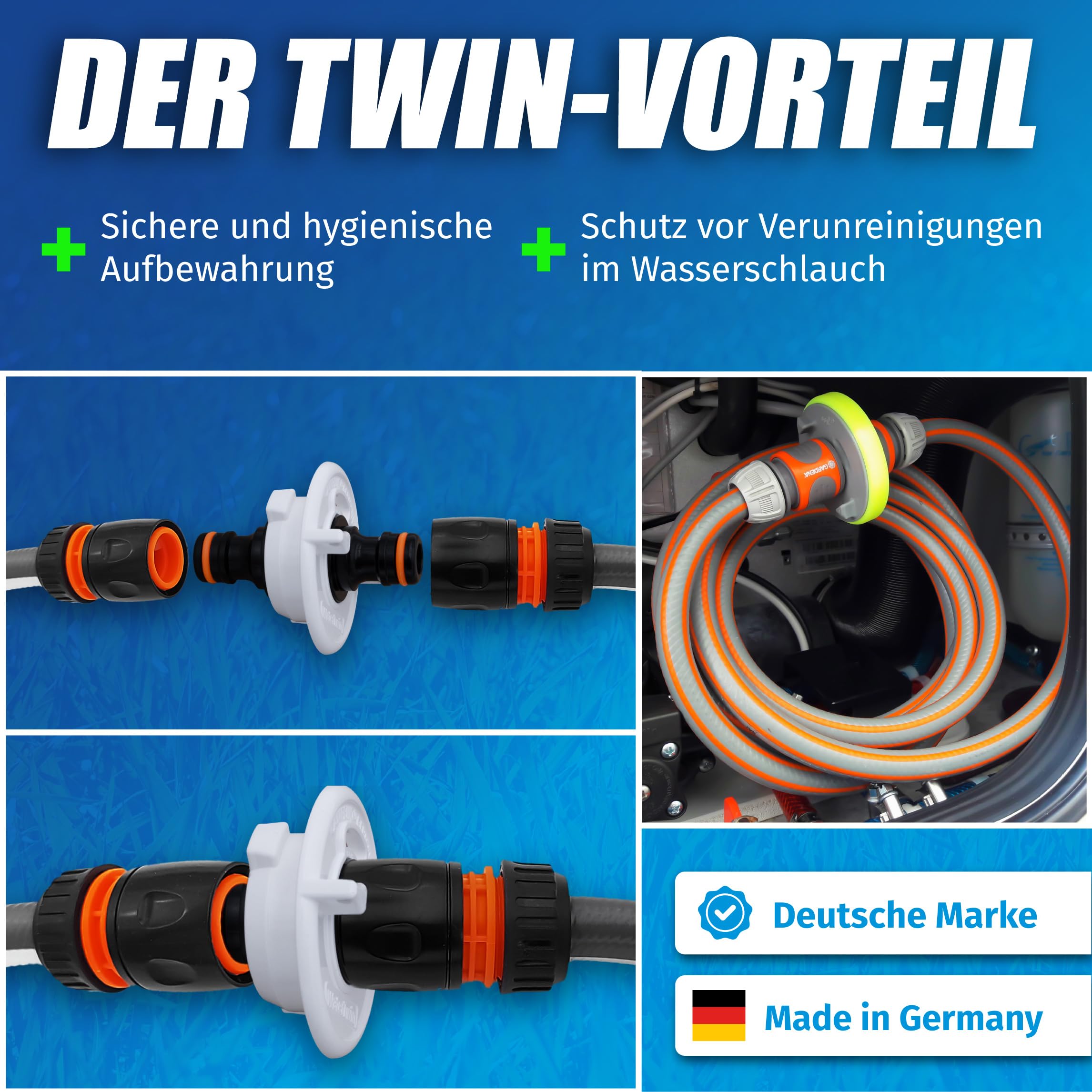 MaJoCompTec Adattatore per il serbatoio dell'acqua per camper e caravan, tappo per il serbatoio dell'acqua con doppio connettore Gardena (adattatore 2 pin, D: 65, ATTENZIONE: solo per FIAMMA)
