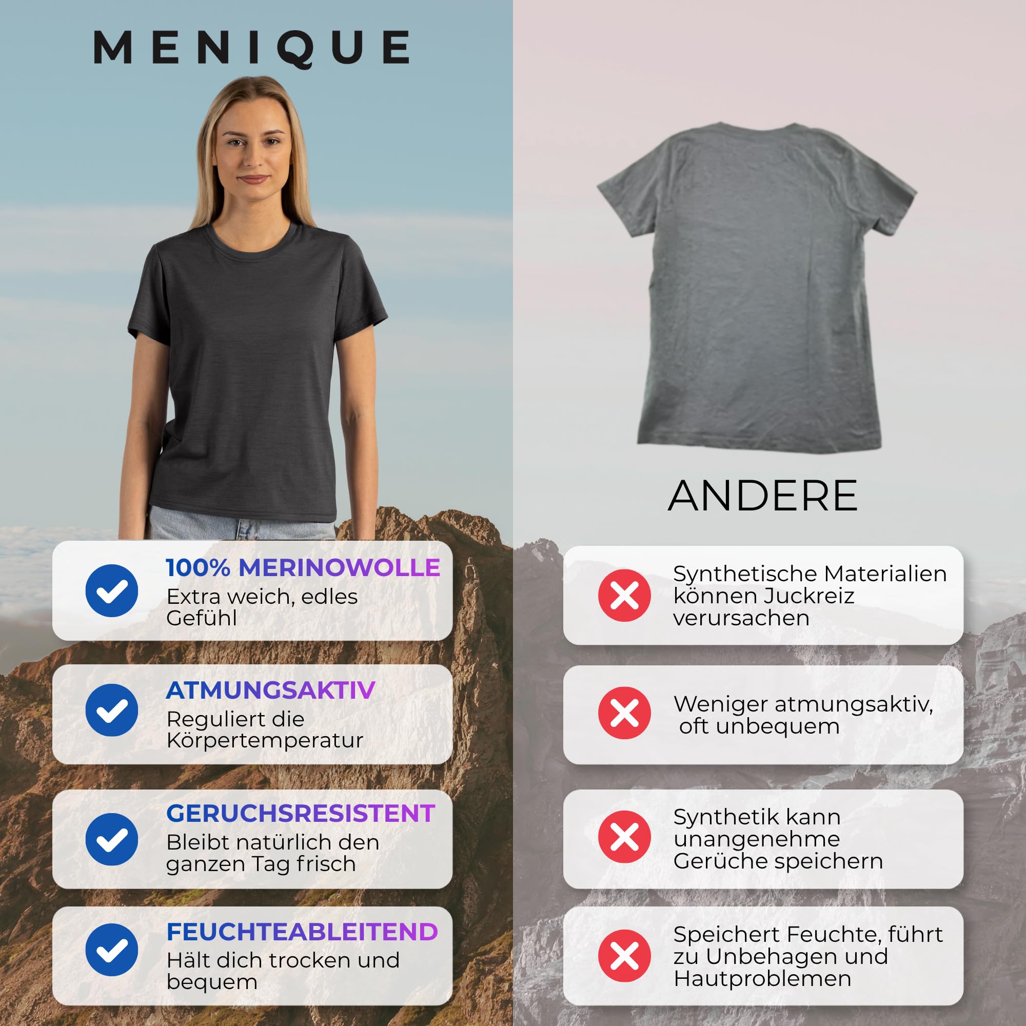 menique Damen 100% Merinowolle Kurzarm-Rundhals-T-Shirt, UPF 35 | Leichter atmungsaktiver Sommer-Baselayer, UV-Schutz, Thermounterwäsche und Sportshirt für Wandern Laufen Fitness, bequem