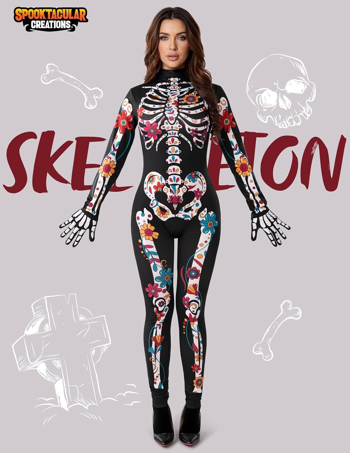 Spooktacular Creations Halloween Women Floral Skeleton Jumpsuit Costume Halloween Costumes for Women Adult 2025