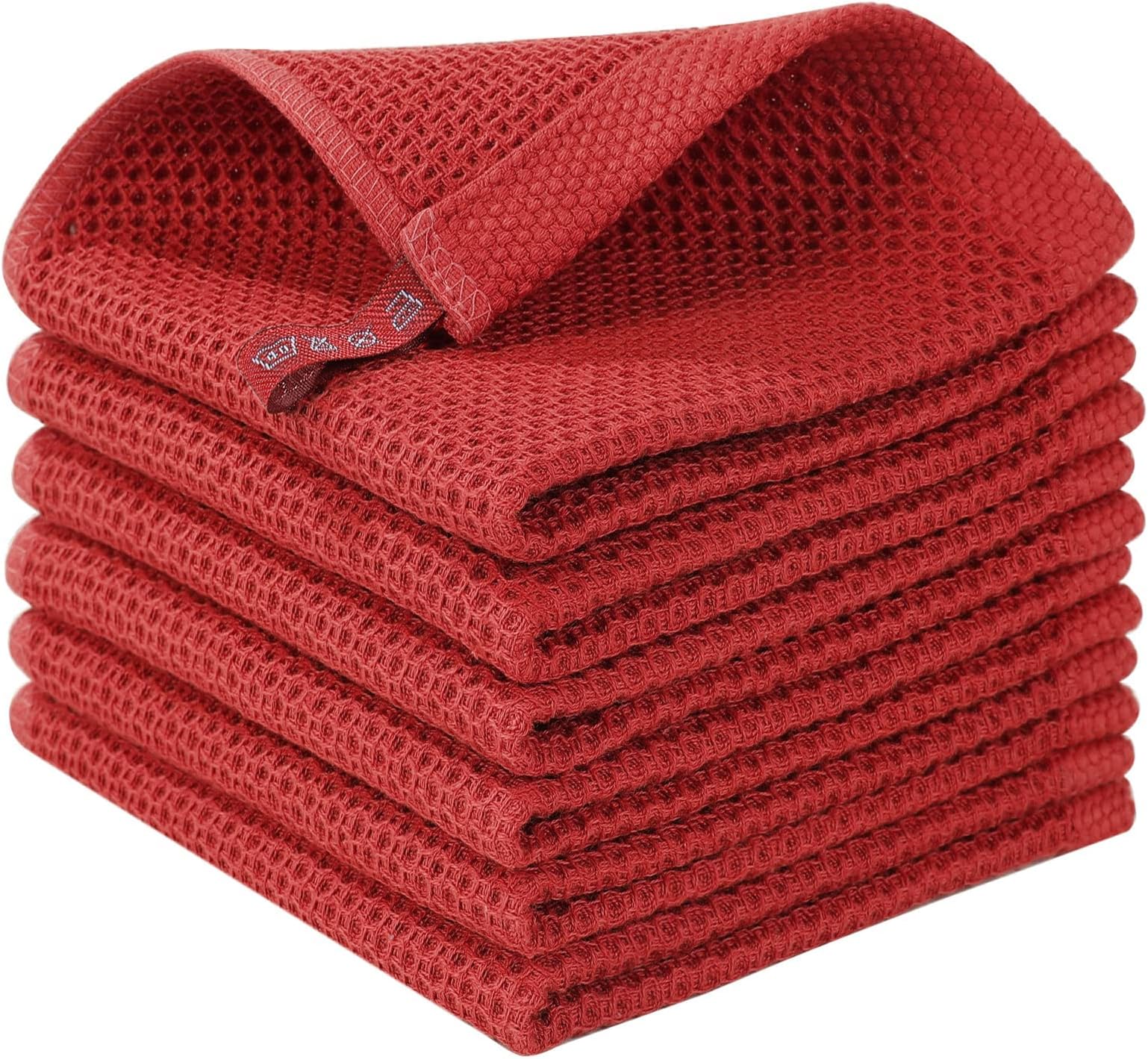 100% Cotton Waffle Weave Kitchen Dish Cloths, Ultra Soft Absorbent Quick Drying Dish Towels, 12x12 Inches, 6-Pack, Brick Red