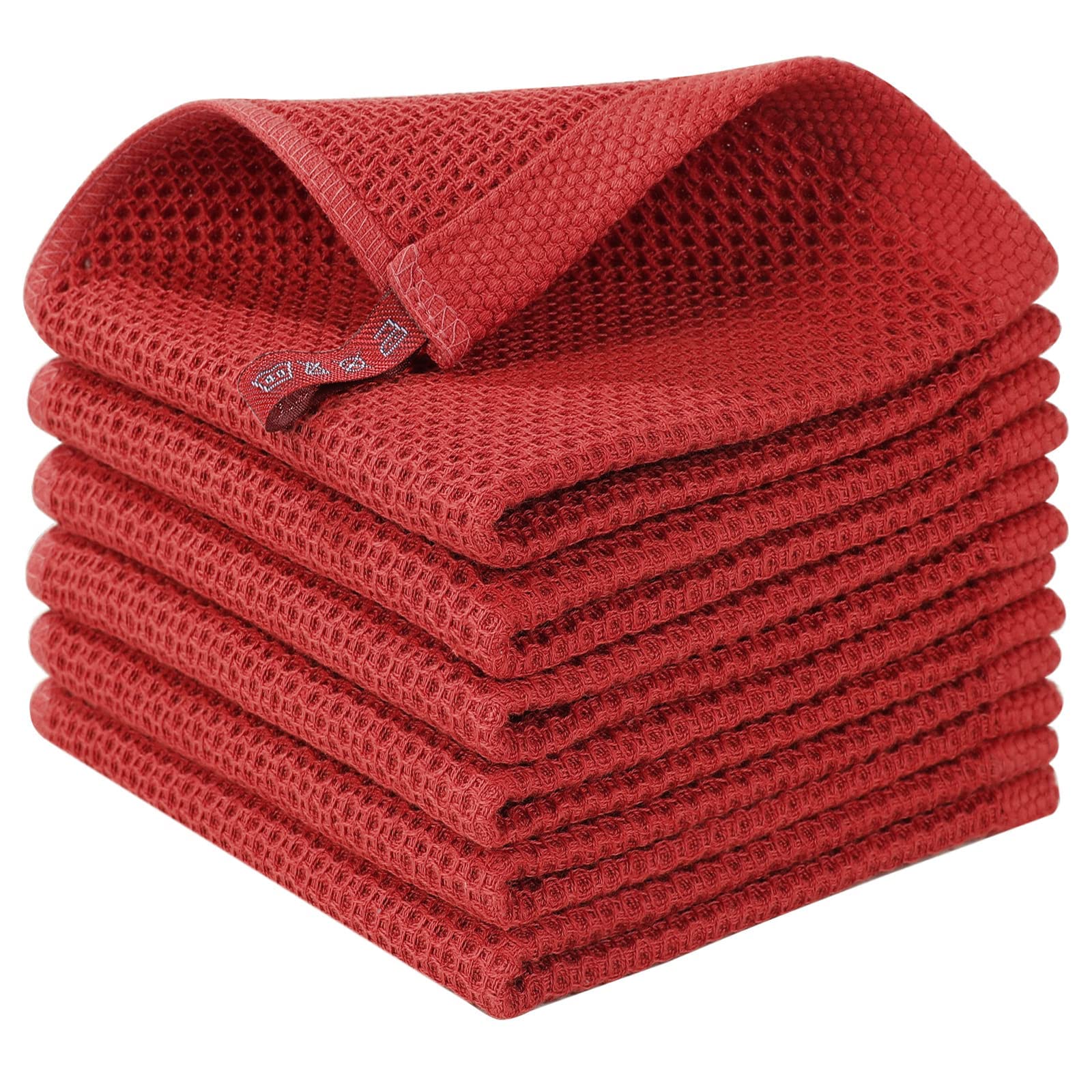100% Cotton Waffle Weave Kitchen Dish Cloths, Ultra Soft Absorbent Quick Drying Dish Towels, 12x12 Inches, 6-Pack, Brick Red