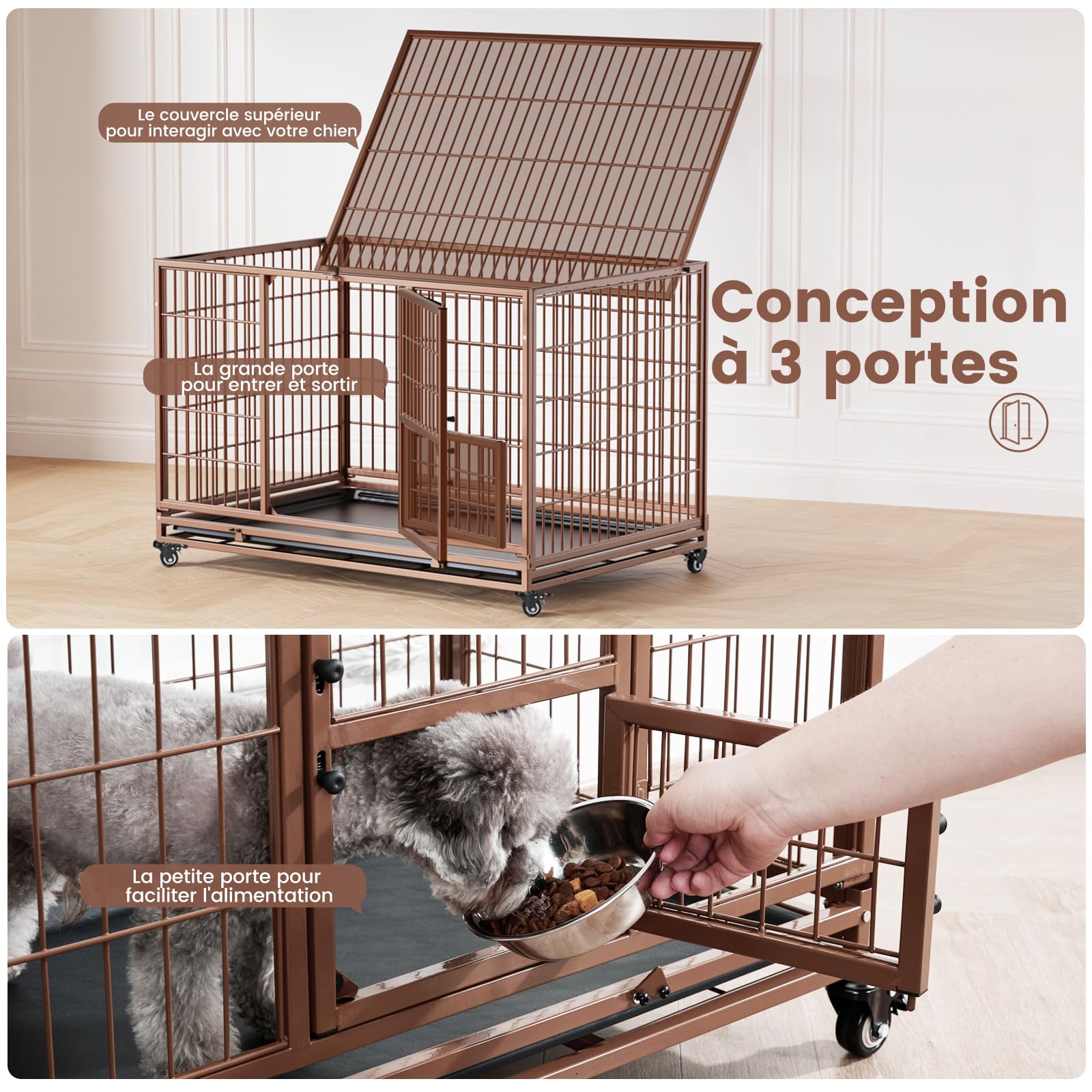 Gardner Pet Cage pour Chien Moyens Lourd Taille L 82.3x51.5x56cm Brun | Structure Renforcée Anti-Évasion avec Plateau, 3 Portes Amovibles, Roulettes Verrouillables, Niche Extensible Modulable