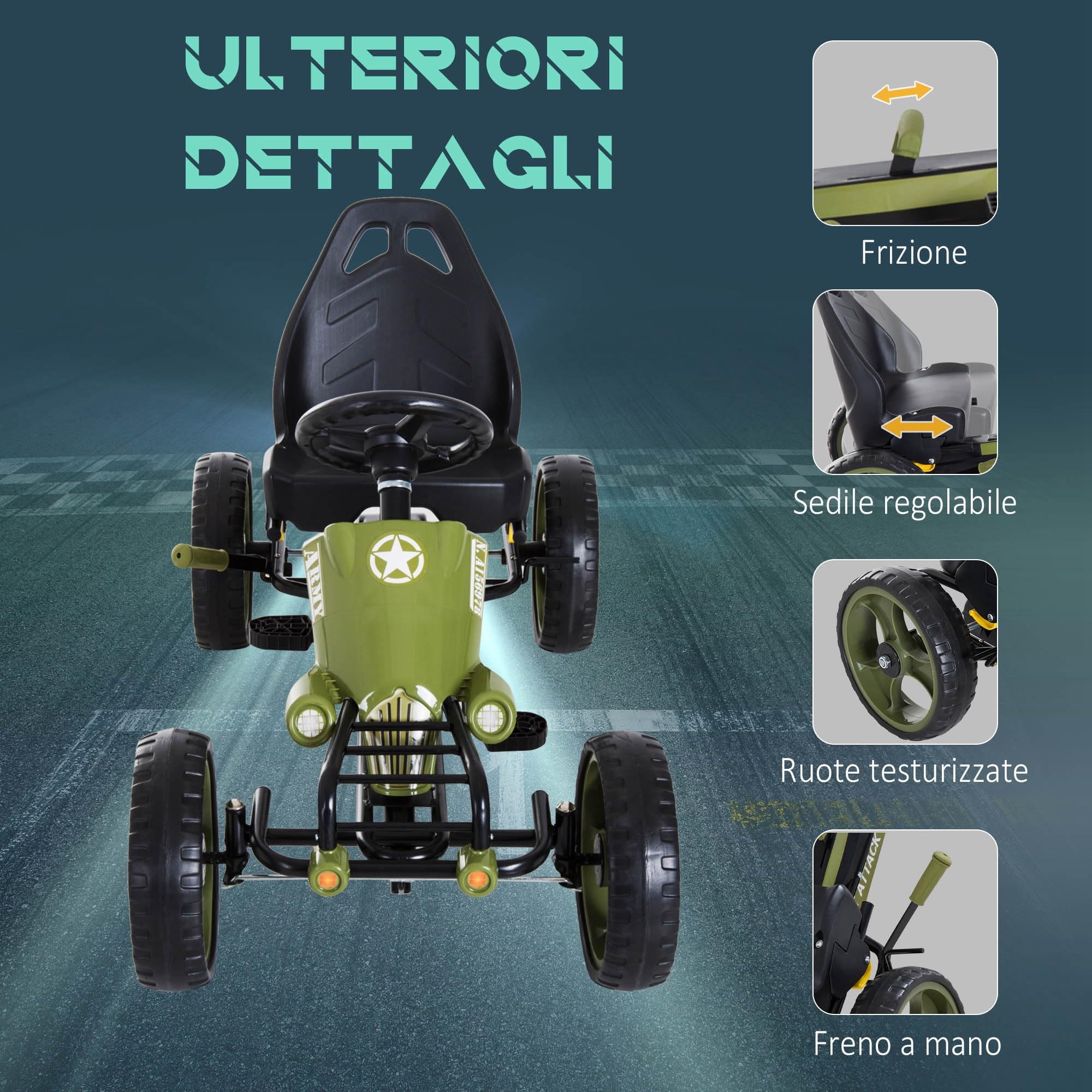 HOMCOM Go Kart a Pedali per Bambini con Freno a Mano e Sedile Regolabile, Kart per Bambini 3-6 Anni con Pedale Antiscivolo e 4 Ruote in EVA, Verde