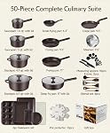 JEETEE 50-Piece Titanium Pots and Pan Set Non Stick, Cookware Set with 6pc Bakeware, Professional Pots and Pans Set for New Home Cooking, Induction & Oven Safe, PFAS Free, Mocha Brown