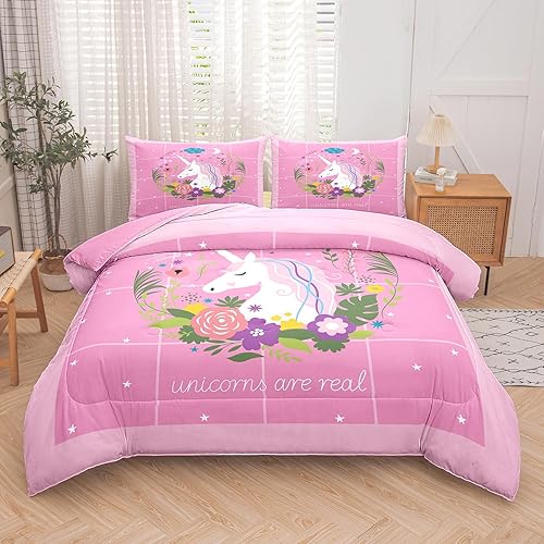 Miniatura 3 de Tailor Shop Juego de edredón de unicornio para niñas, tamaño Queen, juego de ropa de cama rosa unicornio para niñas y niños, juego de edredón de