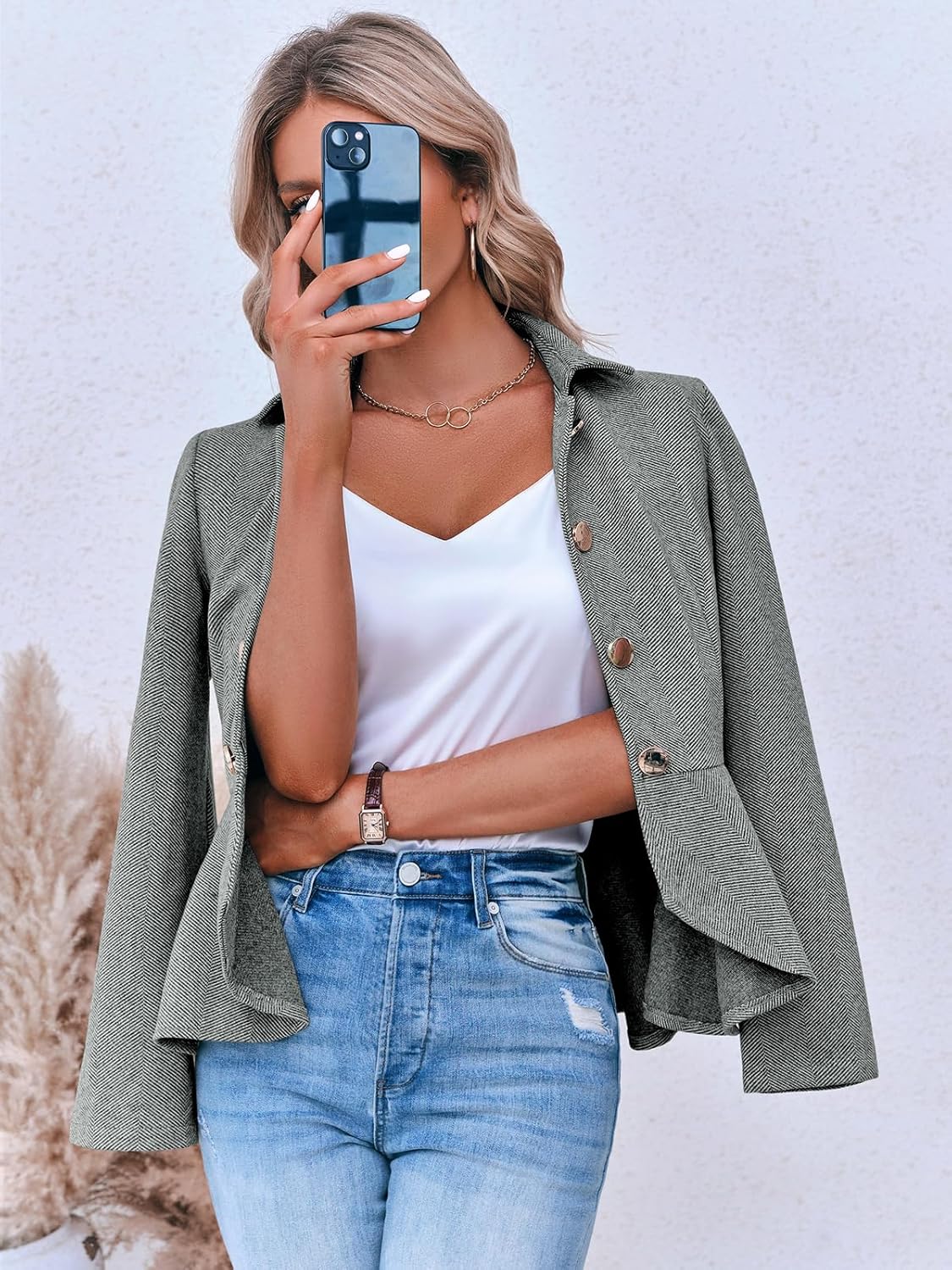 Cicy Bell Elegant Women Blazer Business Work Office Peplum Hem Jacket Open Front Herringbone Coats - Image 3