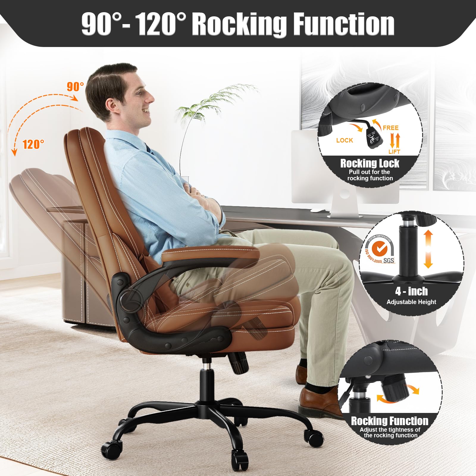 Ergonomic Office Chair with Flip-up Armrests 300lbs,Middle- Tall Computer Office Desk Chair with Lumbar Support,Executive PU Leather Chair with Rocking Function Adjustable Height for Home Office