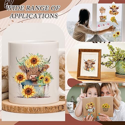 Miniatura 3 de Transferencias de Fricción Highland Cow para Manualidades - Rngmsi 9 Hojas de Pegatinas de Transferencia de Girasol para Muebles, Transferencias de