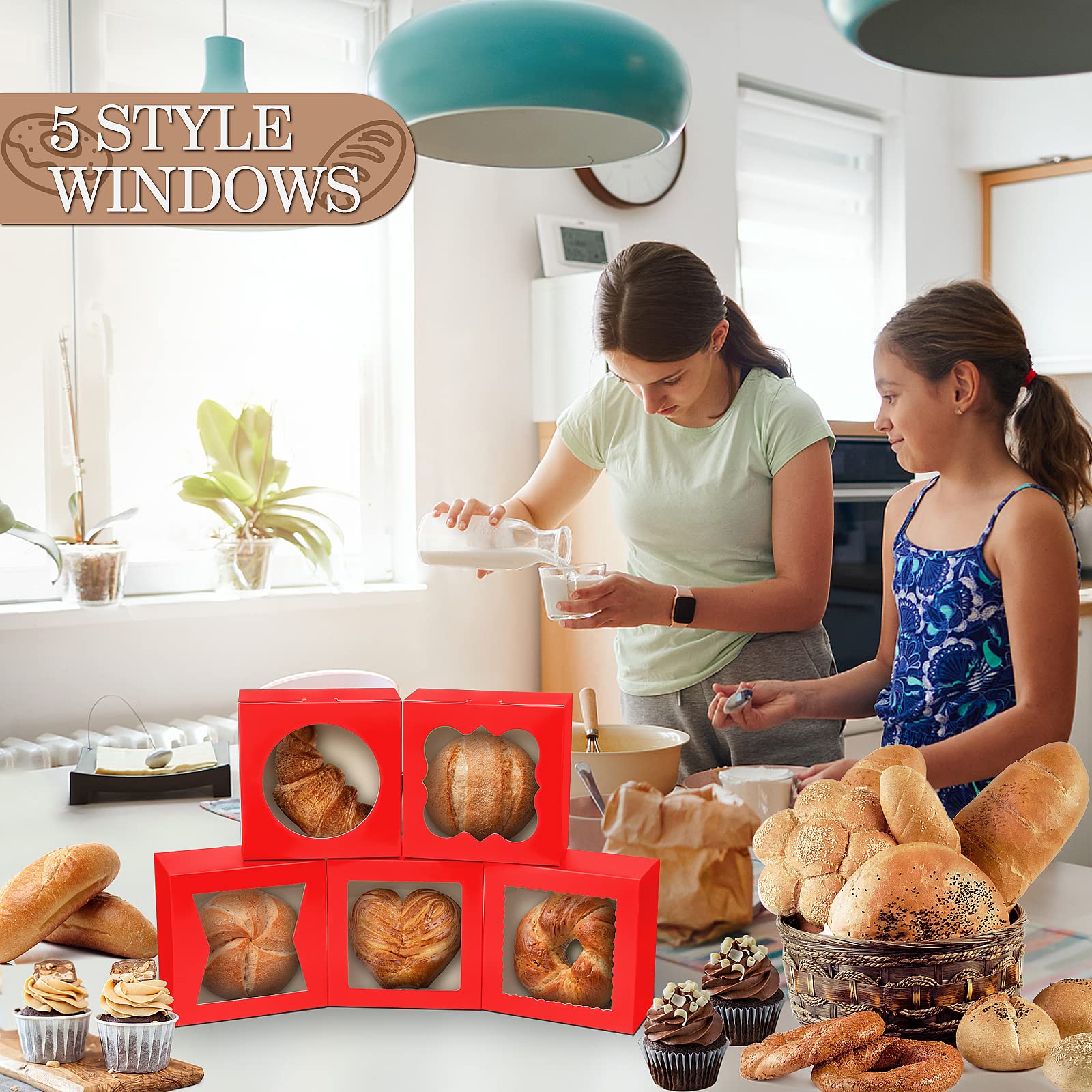KPOSIYA 65 cajas de panadería con ventana de 6 x 6 x 3 pulgadas, 5 cajas de galletas pequeñas para dulces, postres, pasteles, donas, fiesta de cumpleaños, boda (rojo)