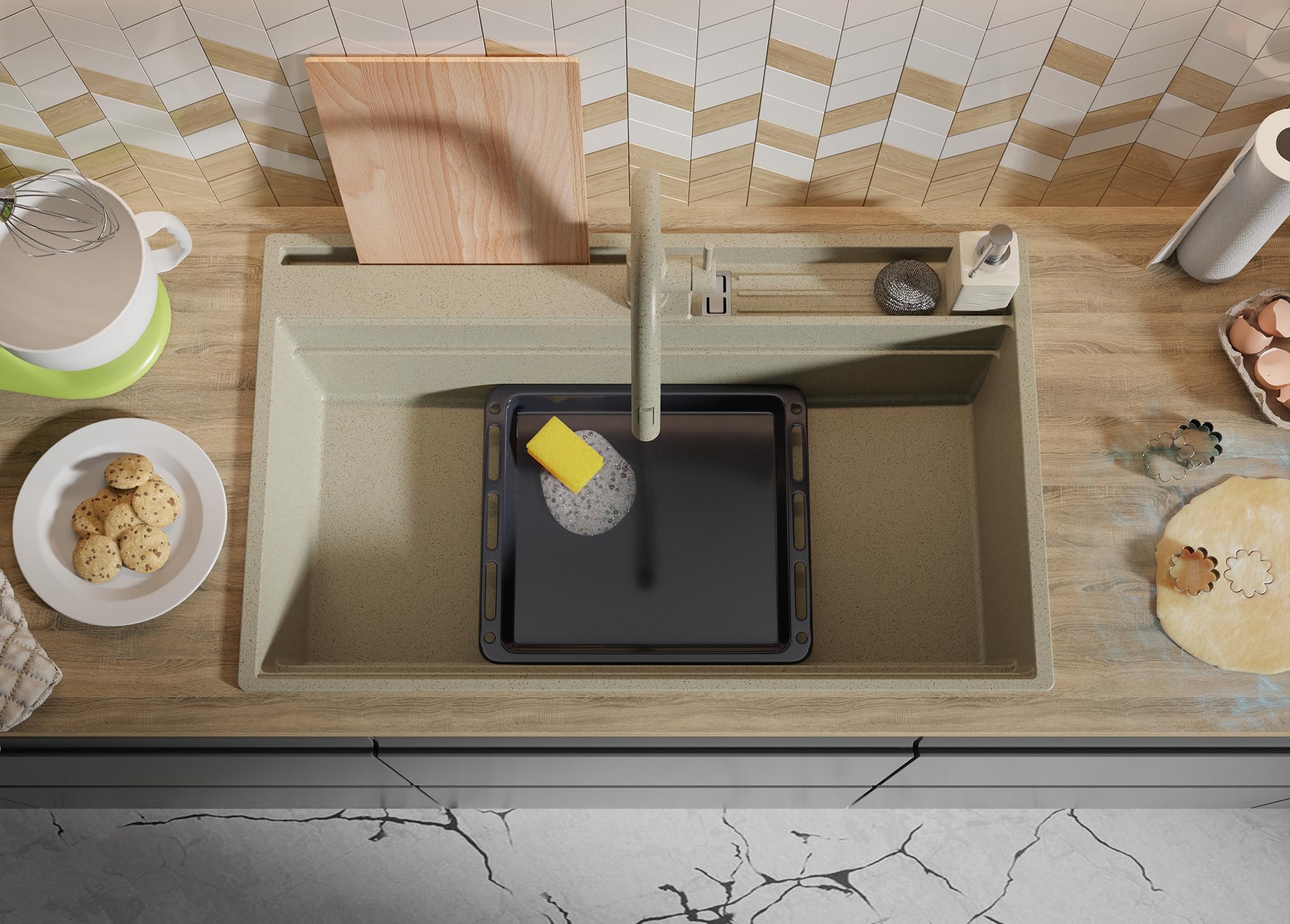 PRIMAGRAN Evier Cuisine en Granit au Meuble 90cm + Kit de Vidage, 88x53cm