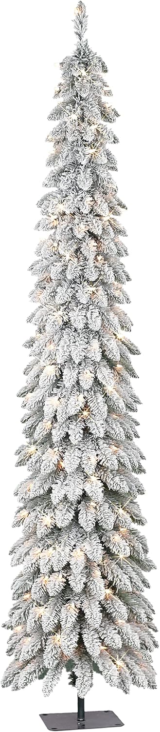 Puleo International 7 ft Pre-Lit Flocked Artificial Alpine Pencil Tree