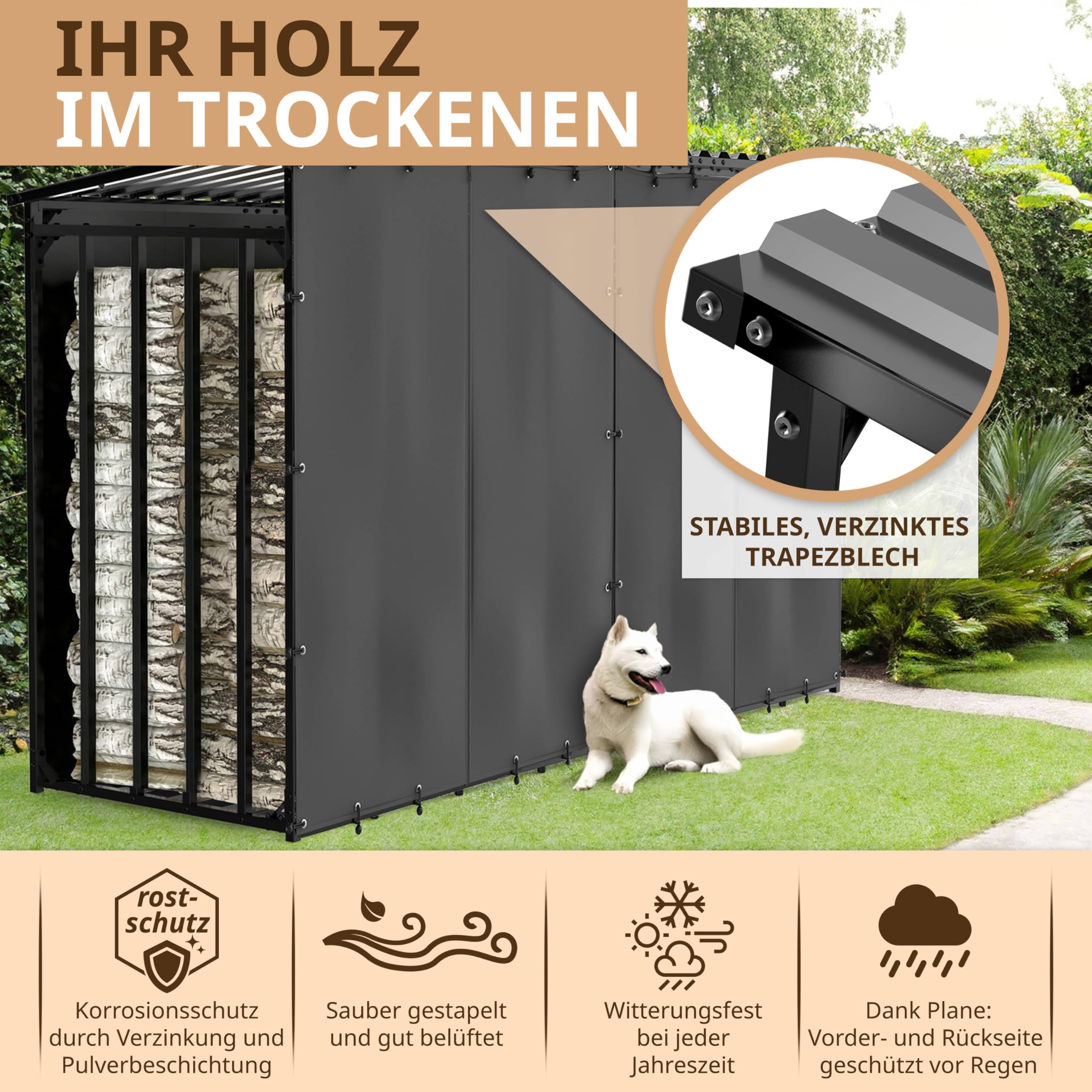 Kaminholzregal aussen Metall mit Dach 300x105x185cm für 1m I 33cm I 25cm Brennholz Stapelhilfe verzinkt 3m wetterfestes Feuerholz Garten Regal für draußen Holzunterstand 5m³ Holzlager (3m mit Plane) - 4