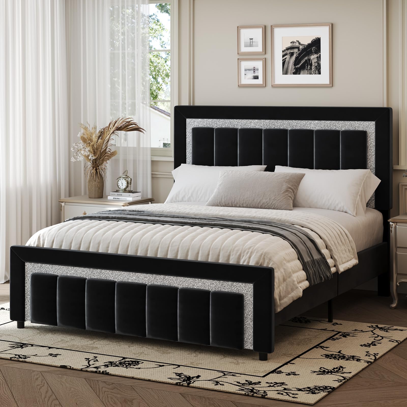 HOMBCK Full Size Bed Frame with Headboard, Velvet Upholstered Bed with Diamond Design, Full Bed with Wooden Slats Support, Mattress Foundation, No Box
