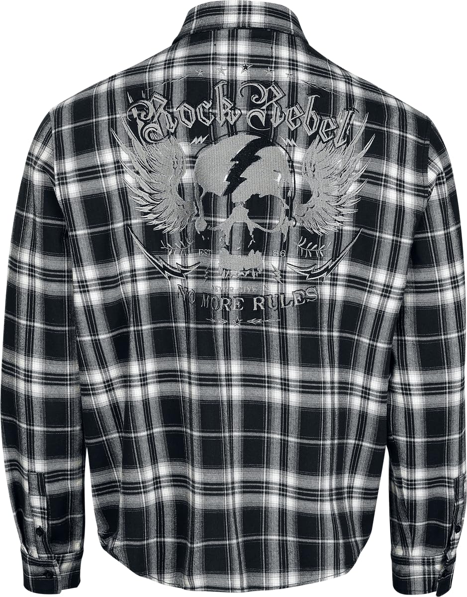 Rock Rebel by EMP Hombre Camisa de Manga Larga Negra/Gris con Bolsillos en el Pecho y Parches.