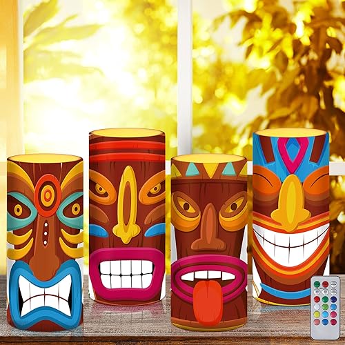 Tiamon Velas tribales Tiki sin llama LED hawaianas funcionan con pilas, velas parpadeantes Luau con temporizador remoto de 18 teclas para decoración