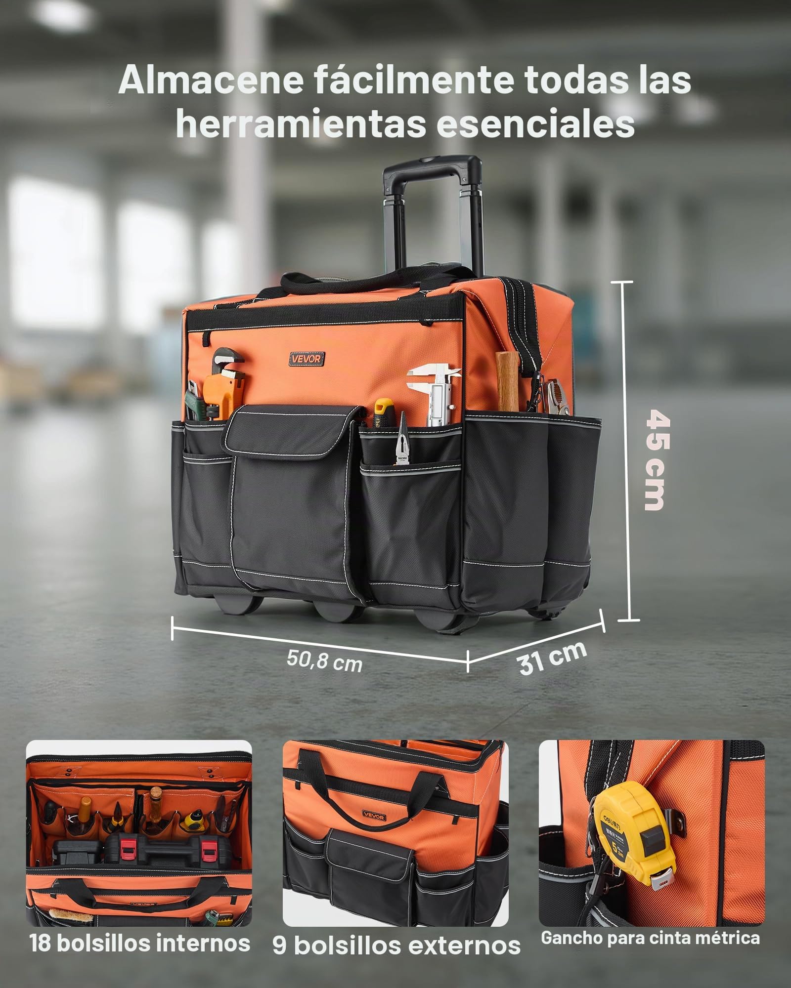 VEVOR Mochila con Ruedas de 510 x 310 x 450 mm Capacidad de Carga de 50 kg, Mochila de Herramientas Resistente con 27 Bolsillos, Asa Telescópica Ajustable y Base Estable para Construcción y Mecánico