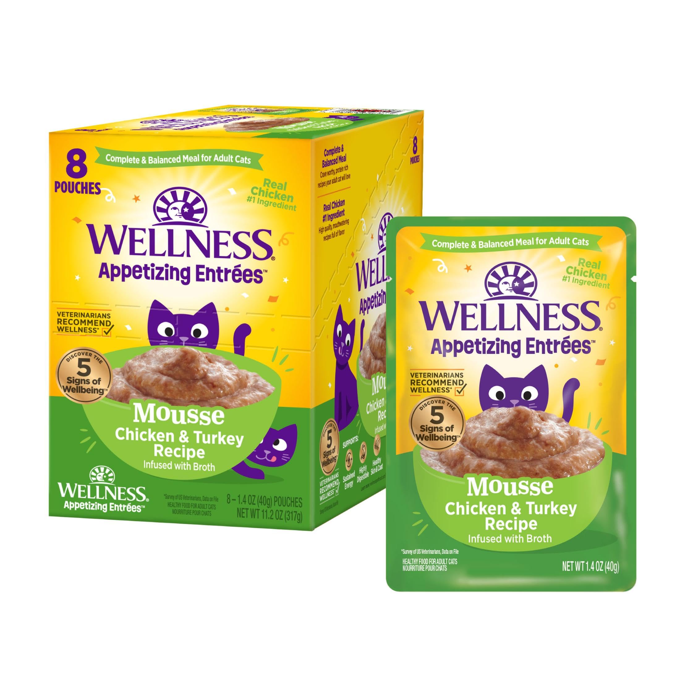 Wellness Appetizing Entrées Mousse Adult Wet Cat Food, Natural, Protein Rich, Grain Free, Chicken and Turkey Recipe, 1.4 oz, Pack of 8 Pouches