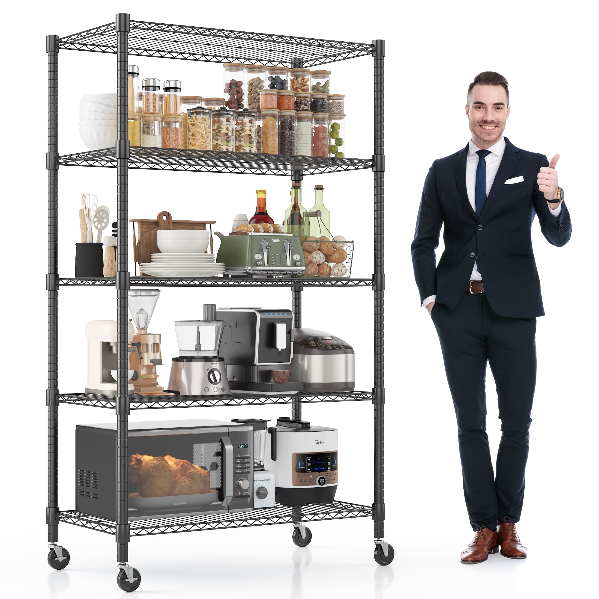 Himimi 5 Tier Heavy Duty Metal Shelving Unit on Wheels, 90Wx45Dx208H cm, Height Adjustable Large Tall Wire Shelving Unit, Free Standing Storage Racking Shelves for Kitchen Pantry Garage Shed, Black