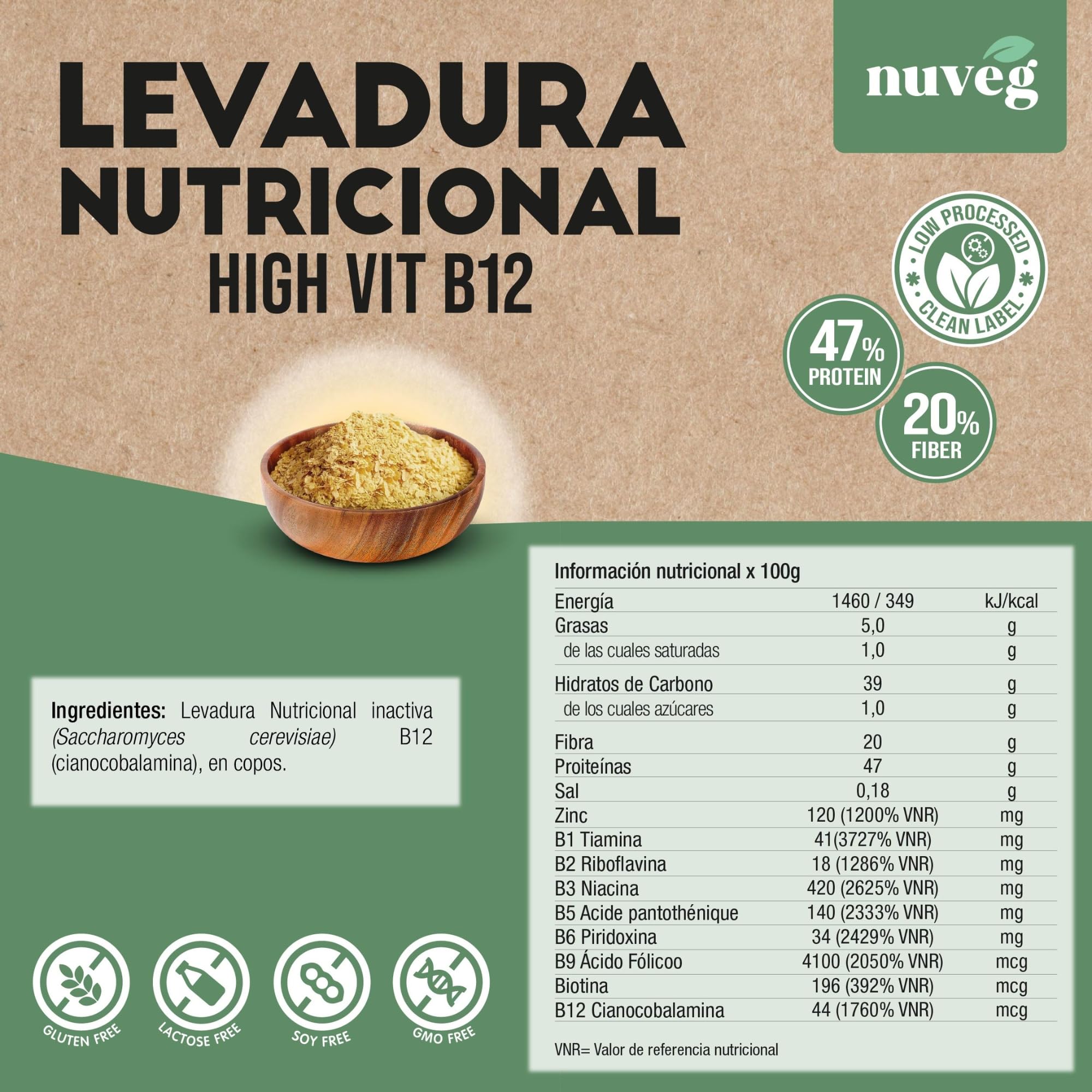 NUVEG Levadura Nutricional B12, Copos 250g Pack 2, Sin Gluten, Alto en Fibra y Proteínas 47%