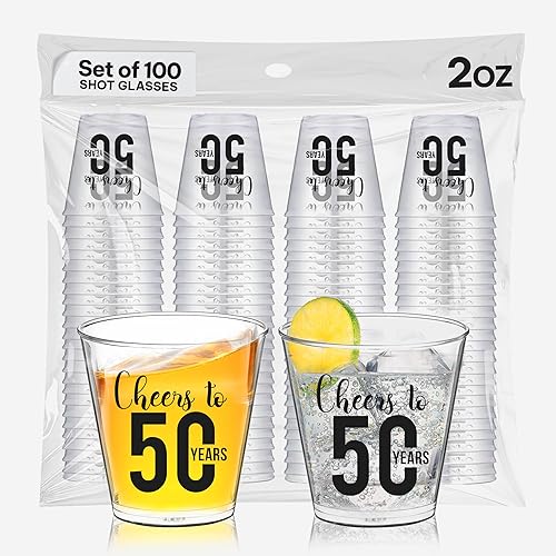 Vasos de chupito con texto en inglés "Cheers to 50 años", 100 unidades, 2 onzas desechables, decoraciones de cumpleaños 50 para hombres y mujeres,