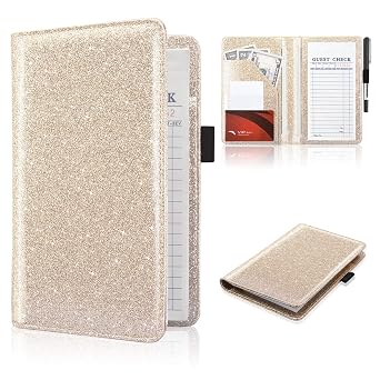 ACdream Server Books for Waitress, Guest Book Note Pad, Cute Pocket Leather Money Organizer Wallet, Cash Check Bill Receipt Holder Presenter, Waiter Accessories, Glitter Gold