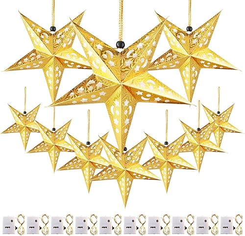Zhanmai 10 faroles grandes de papel dorado 3D con 10 luces LED de 11.8 pulgadas, 5 puntos huecos de papel colgante de estrella para decoración de