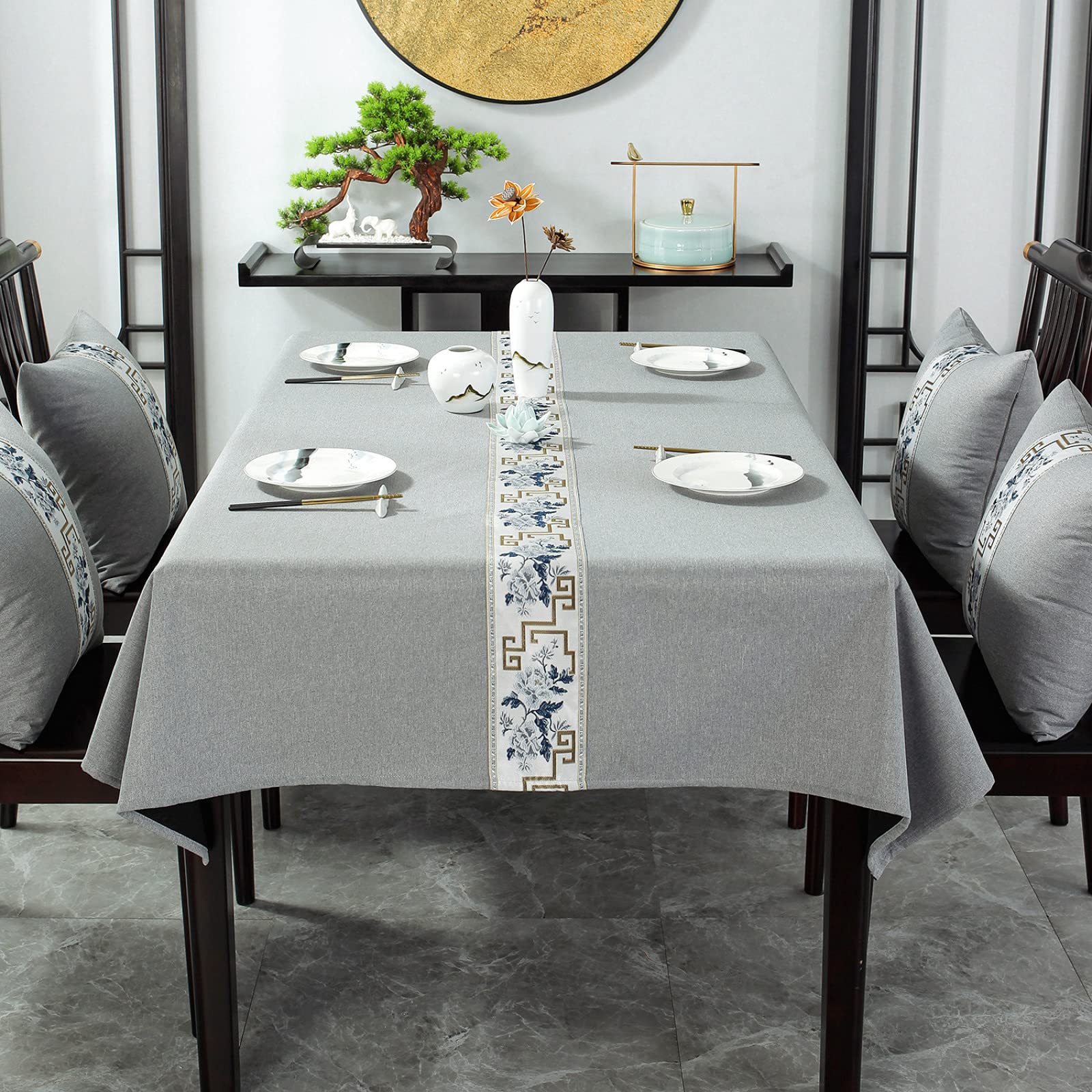 Mantel de lino y algodón lavable e impermeable con borlas, mantel de tela gris para cocina y comedor, 130 x 180 cm, elegante y fácil de cuidar