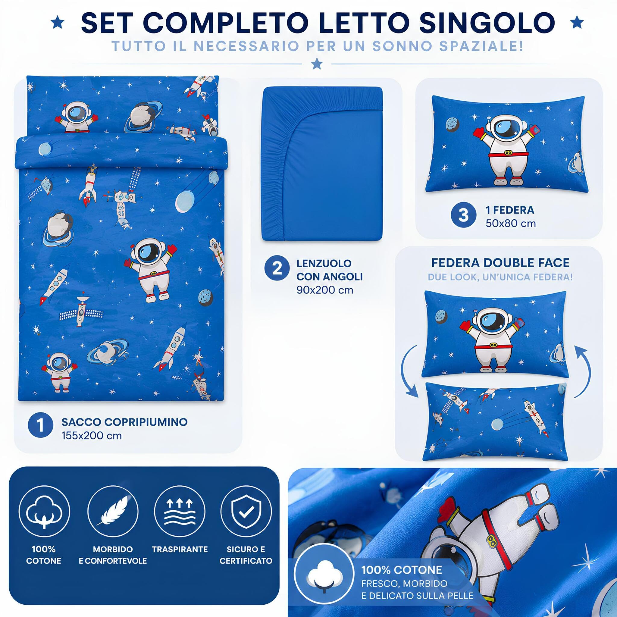 Caleffi Completo Copripiumino Singolo in 100% Cotone Art. Spazio - Blu