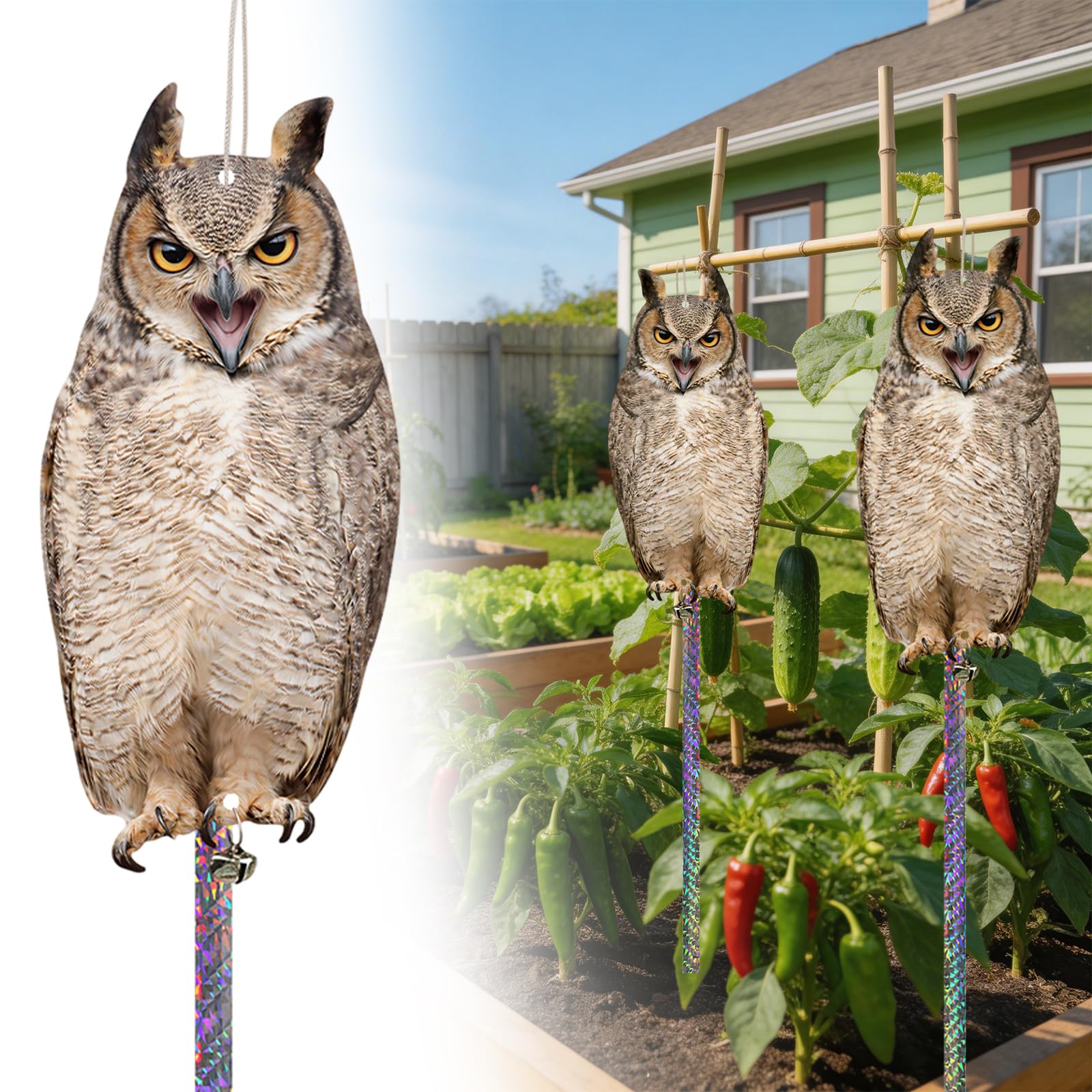 Flat Fake Owl Bird Scarers for Gardens, 4 Pcs Hanging Plastic Flat Fake Owl Decoy to Scare Birds Away, Seagull Magpie Pigeon Deterrent, Bird Repellent Devices for Roofs Windows Contryard Porch