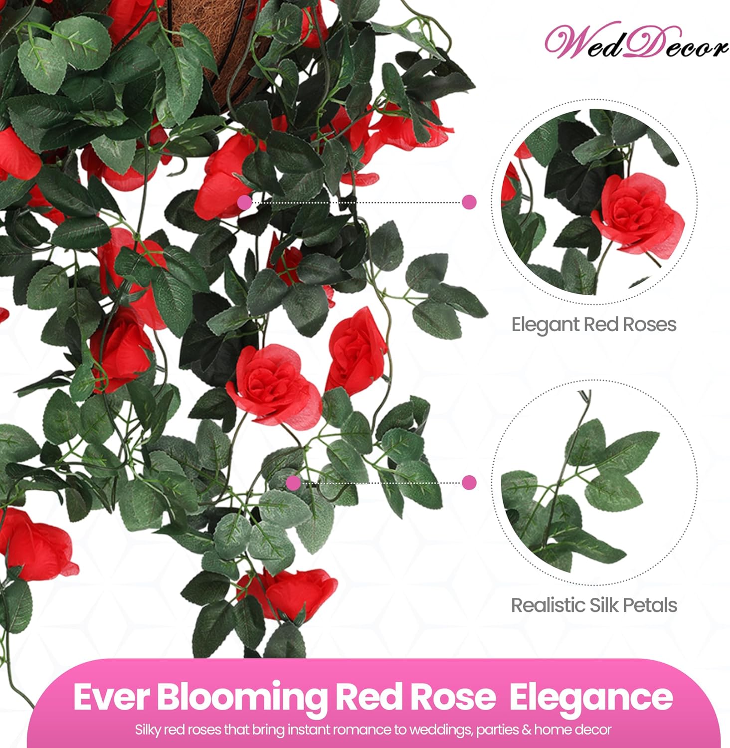 WedDecor Artificial Flower Garland, 3.6FT Artifical Hanging Rose Vine Garland Plants Flowers, Arts for Wedding Decoration, Home & Garden, Ceremony, 18 Heads, Red