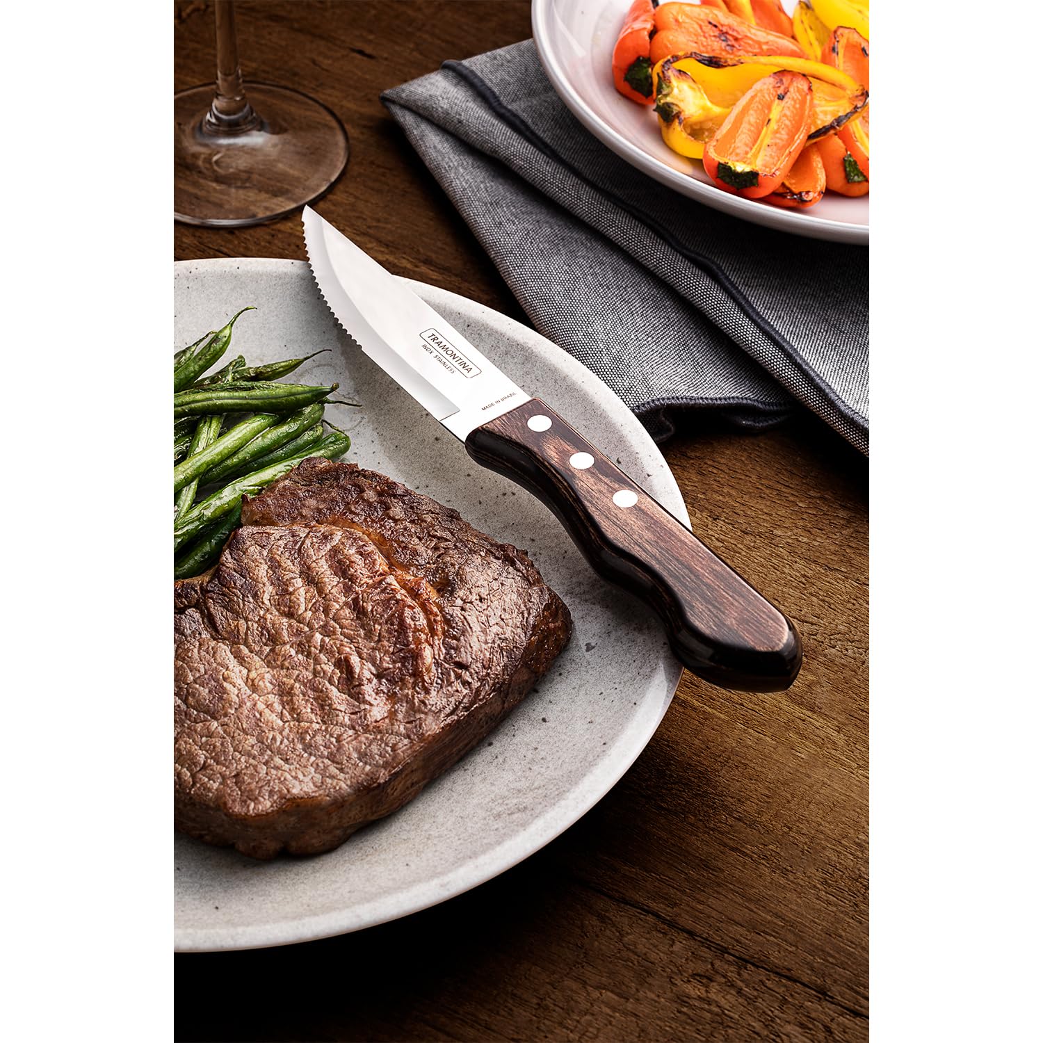 Tramontina Set di Coltelli da Bistecca Jumbo Acciaio Inossidabile e Manico in Polywood Castagno 6 Pezzi