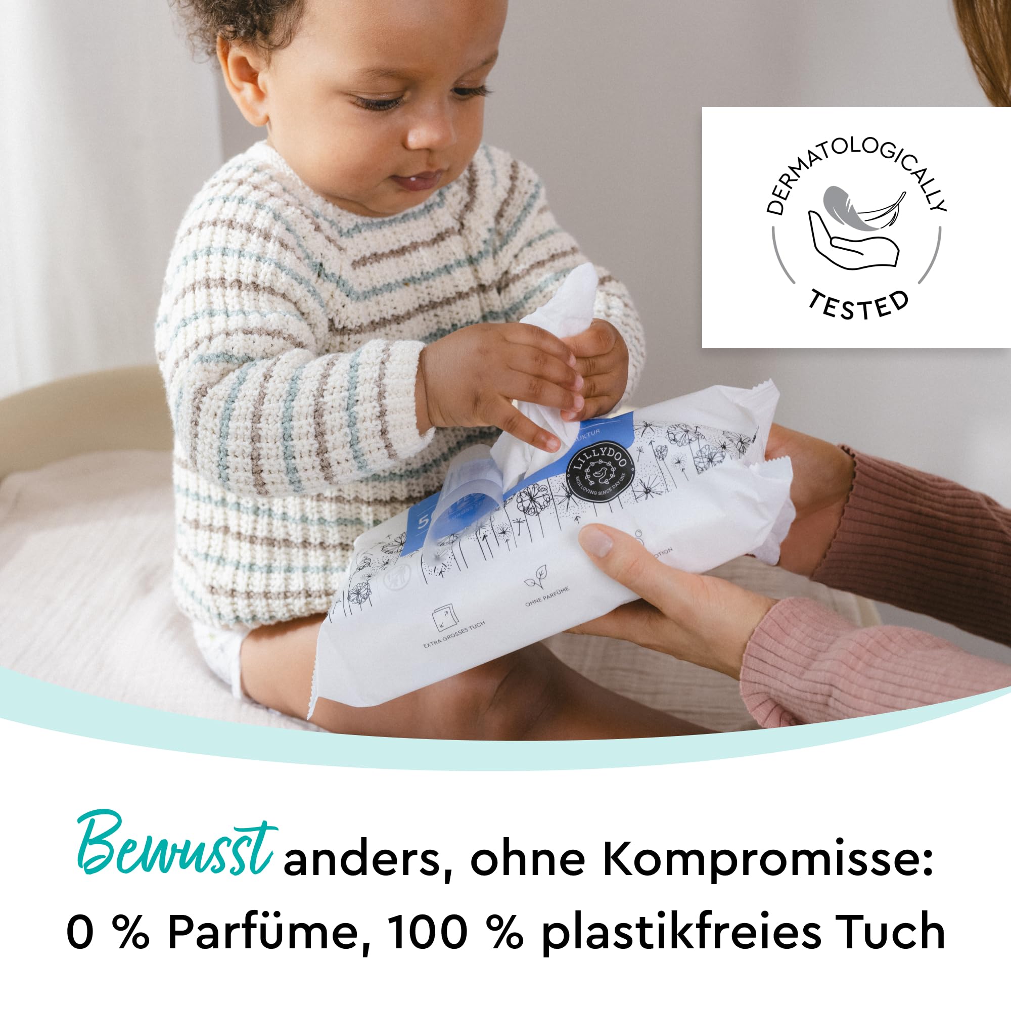 LILLYDOO Feuchte Waschtücher 50 Stück – Plastikfrei, Ohne Parfüme, Extra Groß, Für Sensible Haut