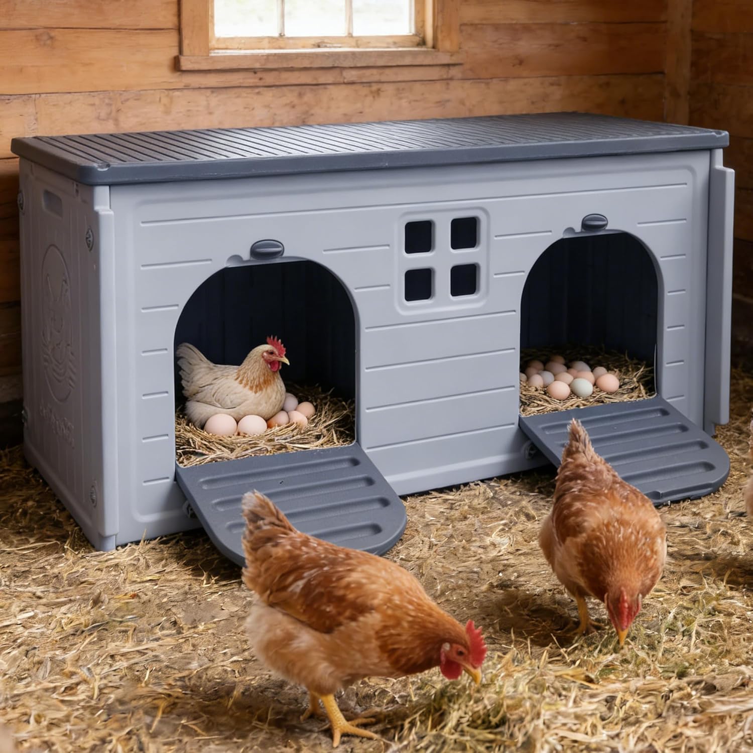 Rockever Chicken Coop, Plastic Nesting Boxes for Chickens with Safety Door Or Ramp, Waterproof 2 Compartment Chicken Nesting Box for Laying Eggs for Hens, Ducks and Poultry