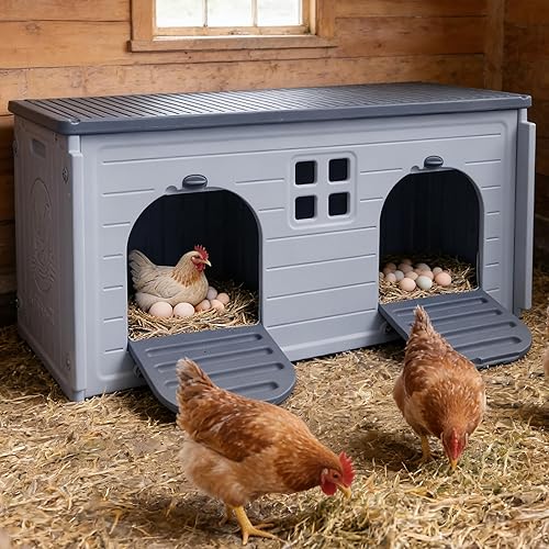 Rockever Chicken Coop, Plastic Nesting Boxes for Chickens with Safety Door Or Ramp, Waterproof 2 Compartment Chicken Nesting Box for Laying Eggs for Hens, Ducks and Poultry