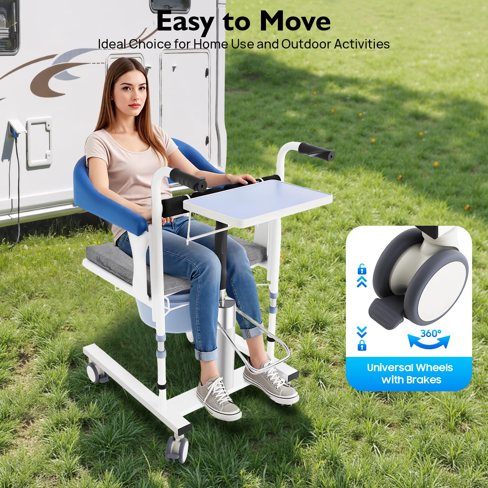 Silla Elevadora Hidráulica de Transferencia para Pacientes que Pueden Mantenerse Sentados, Altura Ajustable 42-60 cm, Carga 100 kg, Respaldo 180°, Ruedas con Freno, Ducha e Inodoro, Azul