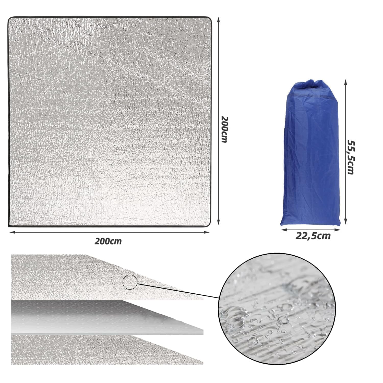 200 cm x 200 cmCoperta da Campeggio Foglio di Alluminio, Cuscino Sedile Pieghevole,Tappetino in Schiuma daCampeggio,Tappetino per Dormire in Schiuma,perCampeggio,Spiaggia,Escursionismo,Yoga