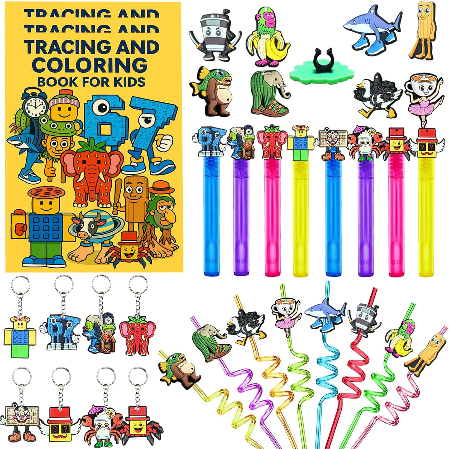 Brainrot Party Pack – 40PCS Italian Brainrot Party Favors Set with Coloring & Tracing Books, Bubble Sticks, Spiral Straws, Keychains and Pencil Toppers