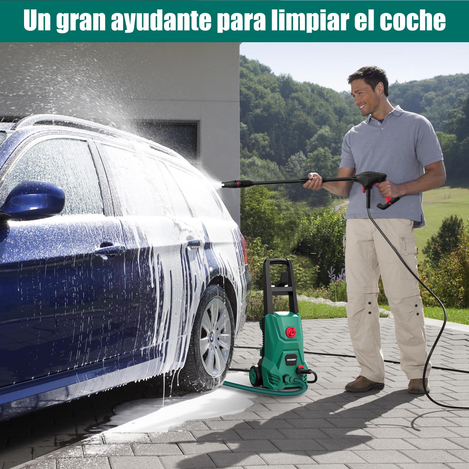 HYCHIKA Hidrolimpiadora, 110 Bar Max. 410 l/h Caudal 1500W Lavacoches Portátil con Depósito de Espuma, Manguera de Alta Presión 5m, Cable 5m, hidrolavadora Ideal para Coches Vallas Patios