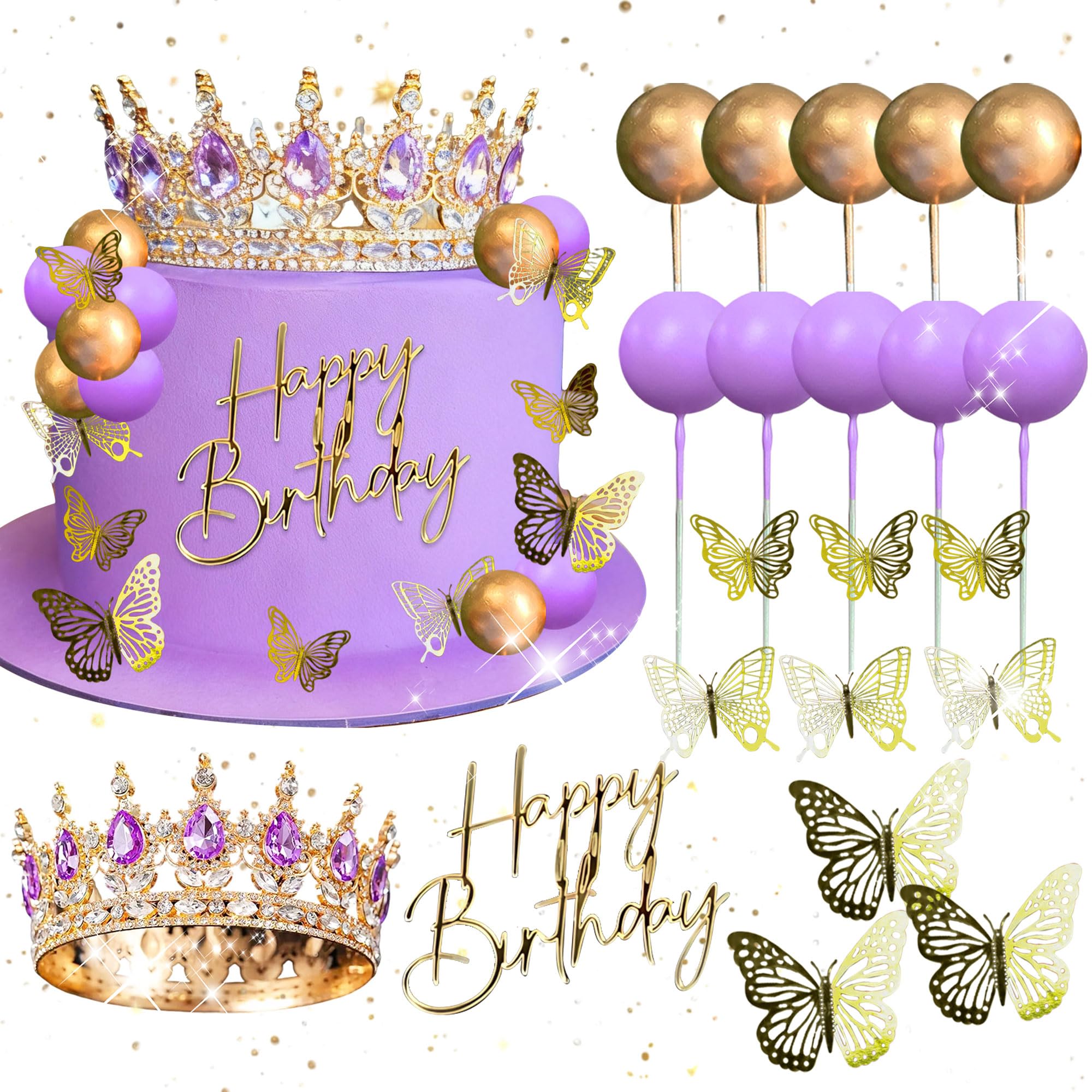 Purple Crown Cake Topper Gold Balls Cake Decor Crown Birthday Gold Butterfly Sign for Birthday Baby Shower